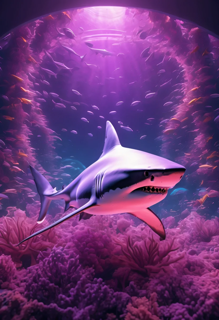 (Futuristic transparent ethereal shark:1.6)，Golden Mechanical Skeleton Shark，mechanical joint shark，blue light control eye，(Purple light cosmic energy field surrounds shark:1.5)，Digital neural network，Futuristic deep sea landscape，Shark virtual holographic digital avatar,Complex illustrations in surrealist art style，Surreal dreams，Future dream underwater landscape，coral reef，fish flocks，Diversity of marine life，