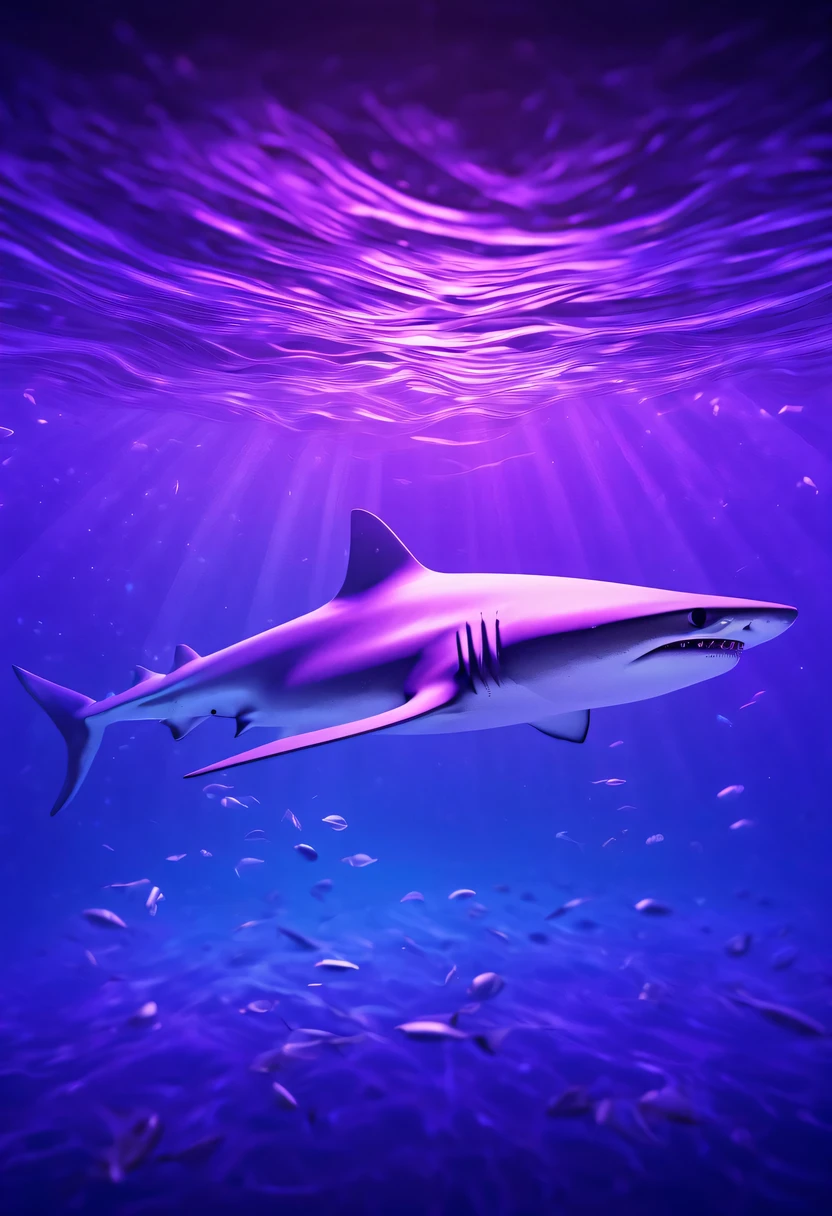(Futuristic transparent ethereal shark:1.6),Golden Mechanical Skeleton Shark,mechanical joint shark,blue light control eye,(Purple light cosmic energy field surrounds shark:1.5),Digital neural network,Futuristic deep sea landscape,Shark virtual holographic digital avatar,Complex illustrations in surrealist art style,Surreal dreams,Future dream underwater landscape,coral reef,fish flocks,Diversity of marine life,