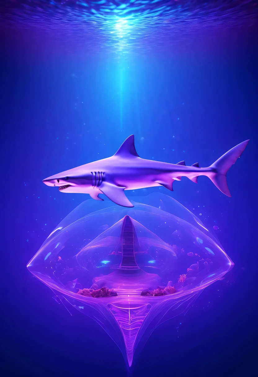 (Futuristic transparent ethereal shark:1.6),Golden Mechanical Skeleton Shark,mechanical joint shark,blue light control eye,(Purple light cosmic energy field surrounds shark:1.5),Digital neural network,Futuristic deep sea landscape,Shark virtual holographic digital avatar,Complex illustrations in surrealist art style,Surreal dreams,Future dream underwater landscape,coral reef,fish flocks,Diversity of marine life,