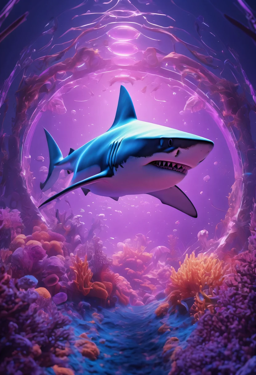 (Futuristic transparent ethereal shark:1.6)，Golden Mechanical Skeleton Shark，mechanical joint shark，blue light control eye，(Purple light cosmic energy field surrounds shark:1.5)，Digital neural network，Futuristic deep sea landscape，Shark virtual holographic digital avatar,Complex illustrations in surrealist art style，Surreal dreams，Future dream underwater landscape，coral reef，fish flocks，Diversity of marine life，