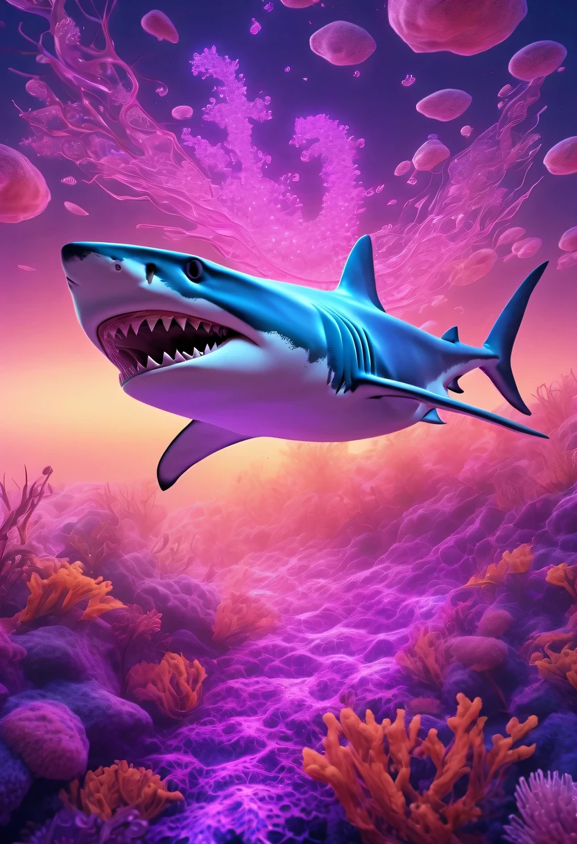 (Futuristic transparent ethereal shark:1.6)，Golden Mechanical Skeleton Shark，mechanical joint shark，blue light control eye，(Purple light cosmic energy field surrounds shark:1.5)，Digital neural network，Futuristic deep sea landscape，Shark virtual holographic digital avatar,Complex illustrations in surrealist art style，Surreal dreams，Future dream underwater landscape，coral reef，fish flocks，Diversity of marine life，