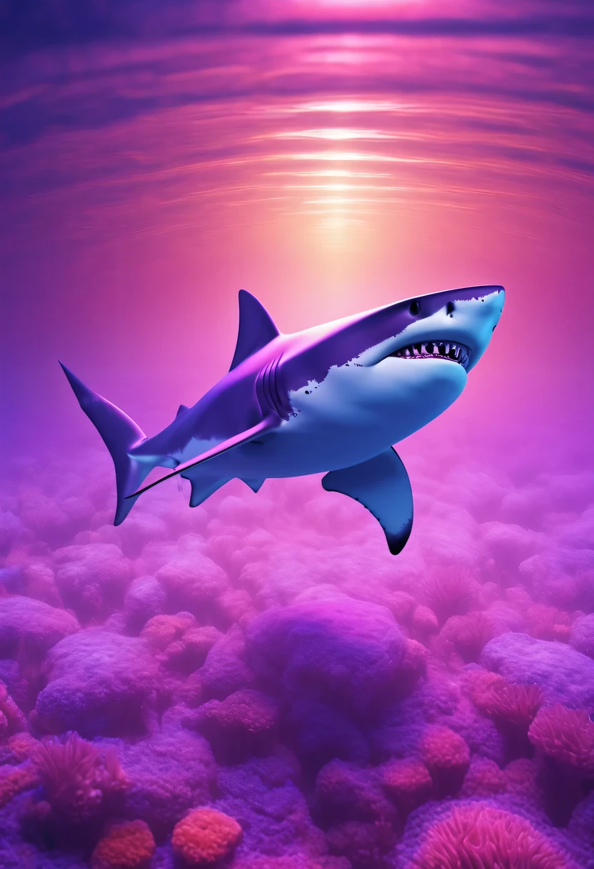 (Futuristic transparent ethereal shark:1.6),Golden Mechanical Skeleton Shark,mechanical joint shark,blue light control eye,(Purple light cosmic energy field surrounds shark:1.5),Digital neural network,Futuristic deep sea landscape,Shark virtual holographic digital avatar,Complex illustrations in surrealist art style,Surreal dreams,Future dream underwater landscape,coral reef,fish flocks,Diversity of marine life,