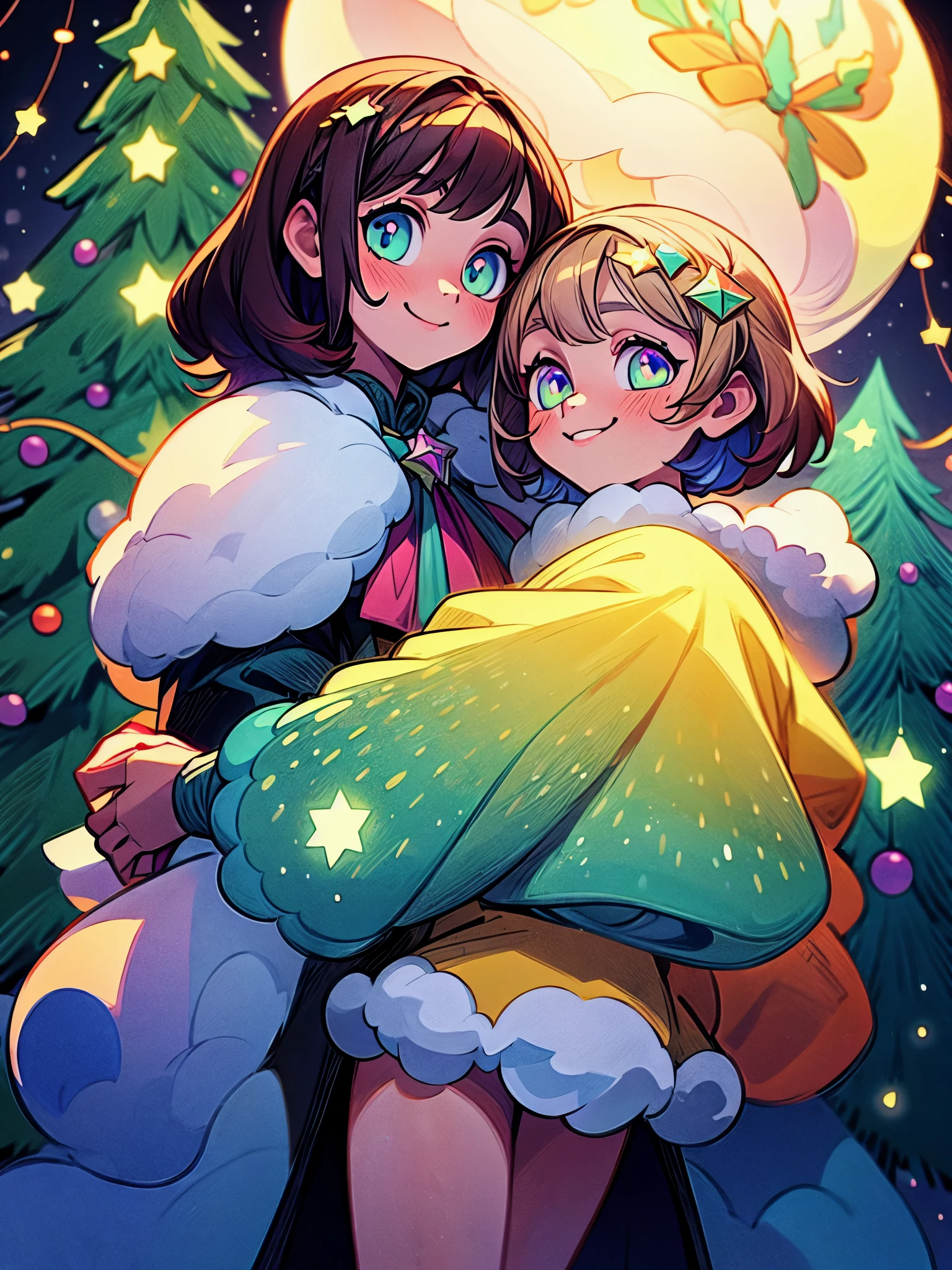 art of two beautiful girls; one girl is taller with long dark hair, the other girl with short blond hair is shorter; in a Christmas costumes with garlands and magic crystals; smiles calmly; dreamy colors; glowing around; winter, Christmas atmosphere; colorful background; neon snow magic; symmetrical eyes; symmetrical nose; black symmetrical pupils; Christmas tree; garlands; detailed magic winter city background; magic warm lights; UHD; 128k