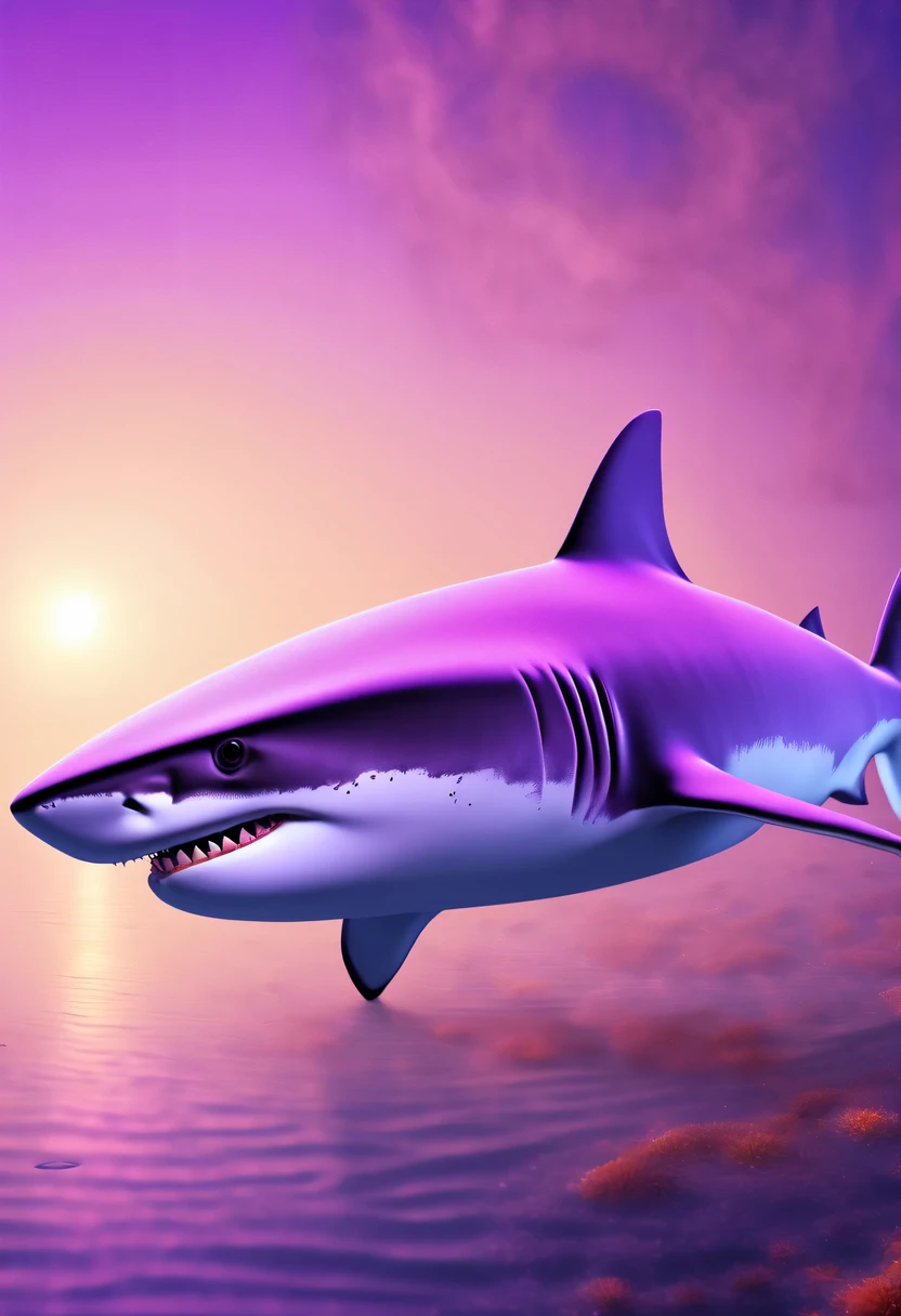 (Futuristic transparent ethereal shark:1.6)，Golden Mechanical Skeleton Shark，mechanical joint shark，blue light control eye，(Purple light cosmic energy field surrounds shark:1.5)，Digital neural network，Futuristic deep sea landscape，Shark virtual holographic digital avatar,Complex illustrations in surrealist art style，Surreal dreams，Future dream underwater landscape，coral reef，fish flocks，Diversity of marine life，