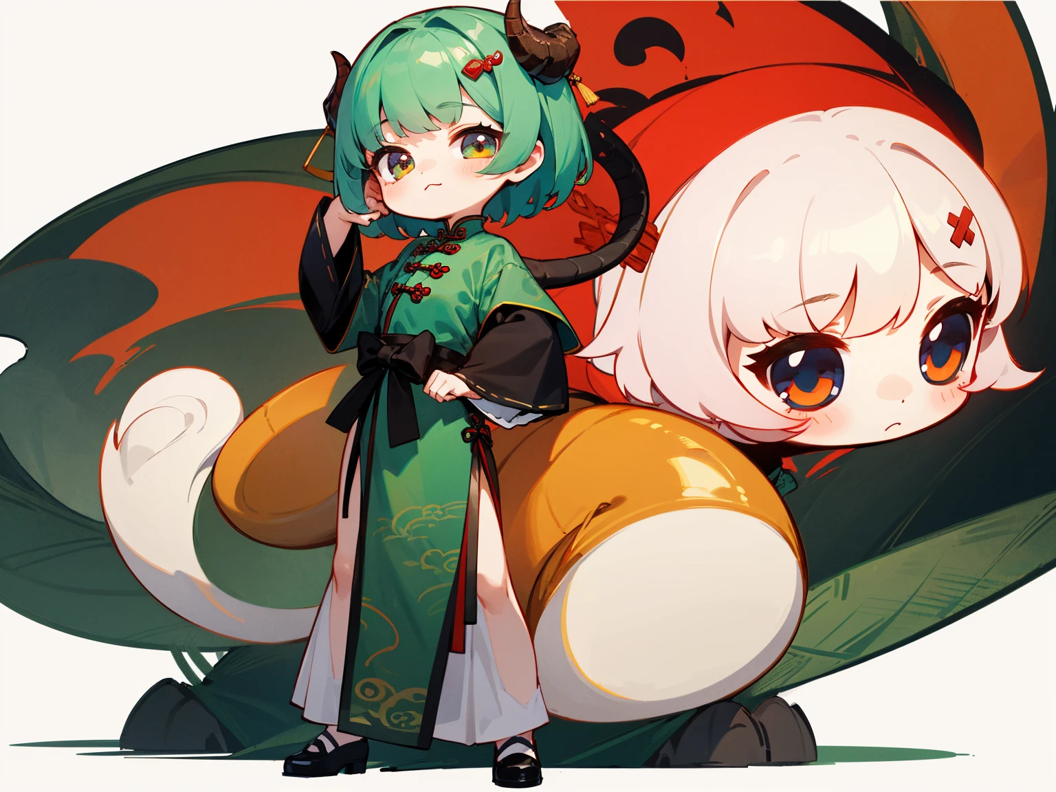 1girl, bangs, black footwear, china dress, chinese clothes, closed mouth, dragon tail, dress, full body, green hair, hair ornament, horns, long sleeves, looking at viewer, multiple views, short hair, standing, tail, white background, wide sleeves, ((chibi, chibi in 3 heads))