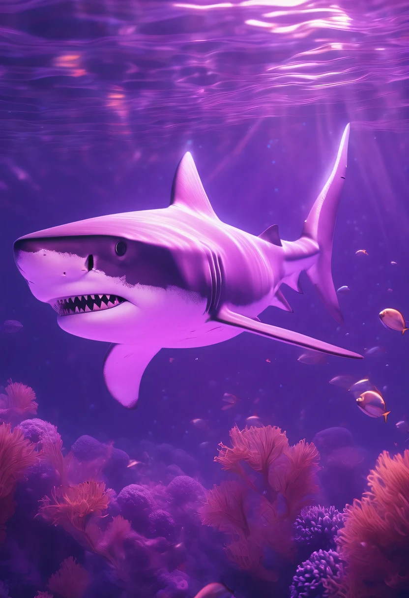 (Futuristic transparent ethereal shark:1.6)，Golden Mechanical Skeleton Shark，mechanical joint shark，blue light control eye，(Purple light cosmic energy field surrounds shark:1.5)，Digital neural network，Futuristic deep sea landscape，Shark virtual holographic digital avatar,Complex illustrations in surrealist art style，Surreal dreams，Future dream underwater landscape，coral reef，fish flocks，Diversity of marine life，