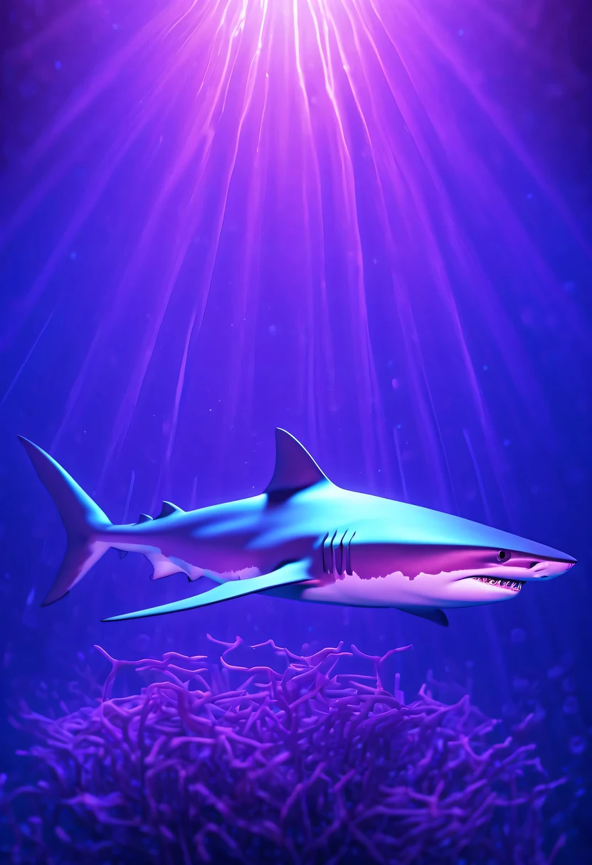 (Futuristic transparent ethereal shark:1.6),Golden Mechanical Skeleton Shark,mechanical joint shark,blue light control eye,(Purple light cosmic energy field surrounds shark:1.5),Digital neural network,Futuristic deep sea landscape,Shark virtual holographic digital avatar,Complex illustrations in surrealist art style,Surreal dreams,Future dream underwater landscape,coral reef,fish flocks,Diversity of marine life,