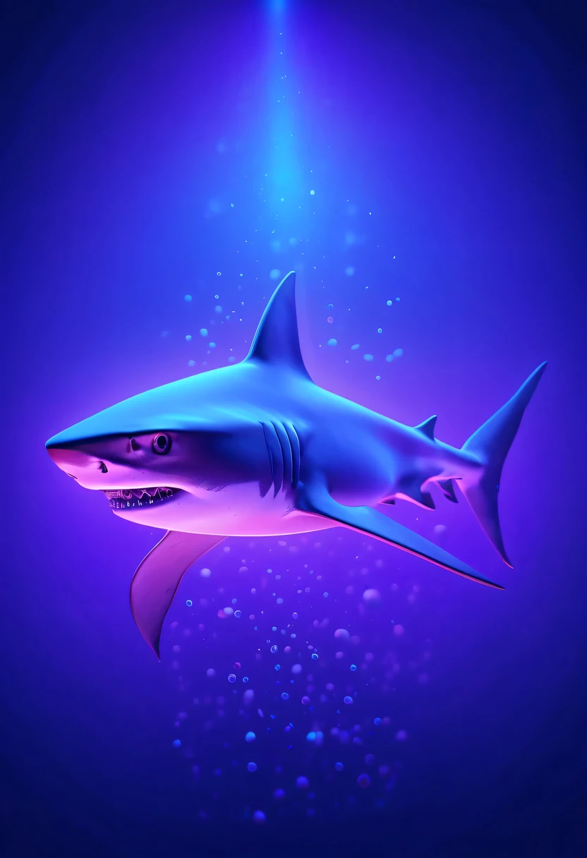 (Futuristic transparent ethereal shark:1.6)，Golden Mechanical Skeleton Shark，mechanical joint shark，blue light control eye，(Purple light cosmic energy field surrounds shark:1.5)，Digital neural network，Futuristic deep sea landscape，Shark virtual holographic digital avatar,Complex illustrations in surrealist art style，Surreal dreams，Future dream underwater landscape，coral reef，fish flocks，Diversity of marine life，