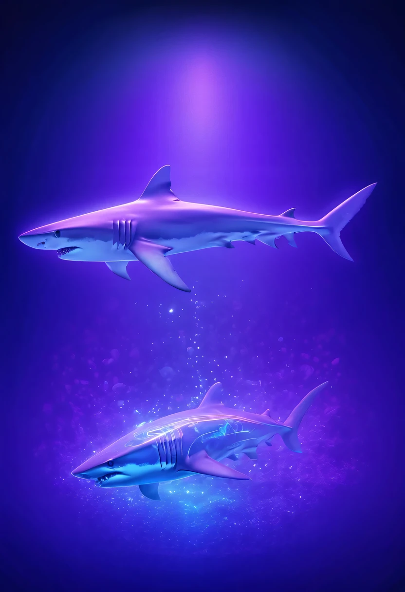 (Futuristic transparent ethereal shark:1.6)，Golden Mechanical Skeleton Shark，mechanical joint shark，blue light control eye，(Purple light cosmic energy field surrounds shark:1.5)，Digital neural network，Futuristic deep sea landscape，Shark virtual holographic digital avatar,Complex illustrations in surrealist art style，Surreal dreams，Future dream underwater landscape，coral reef，fish flocks，Diversity of marine life，