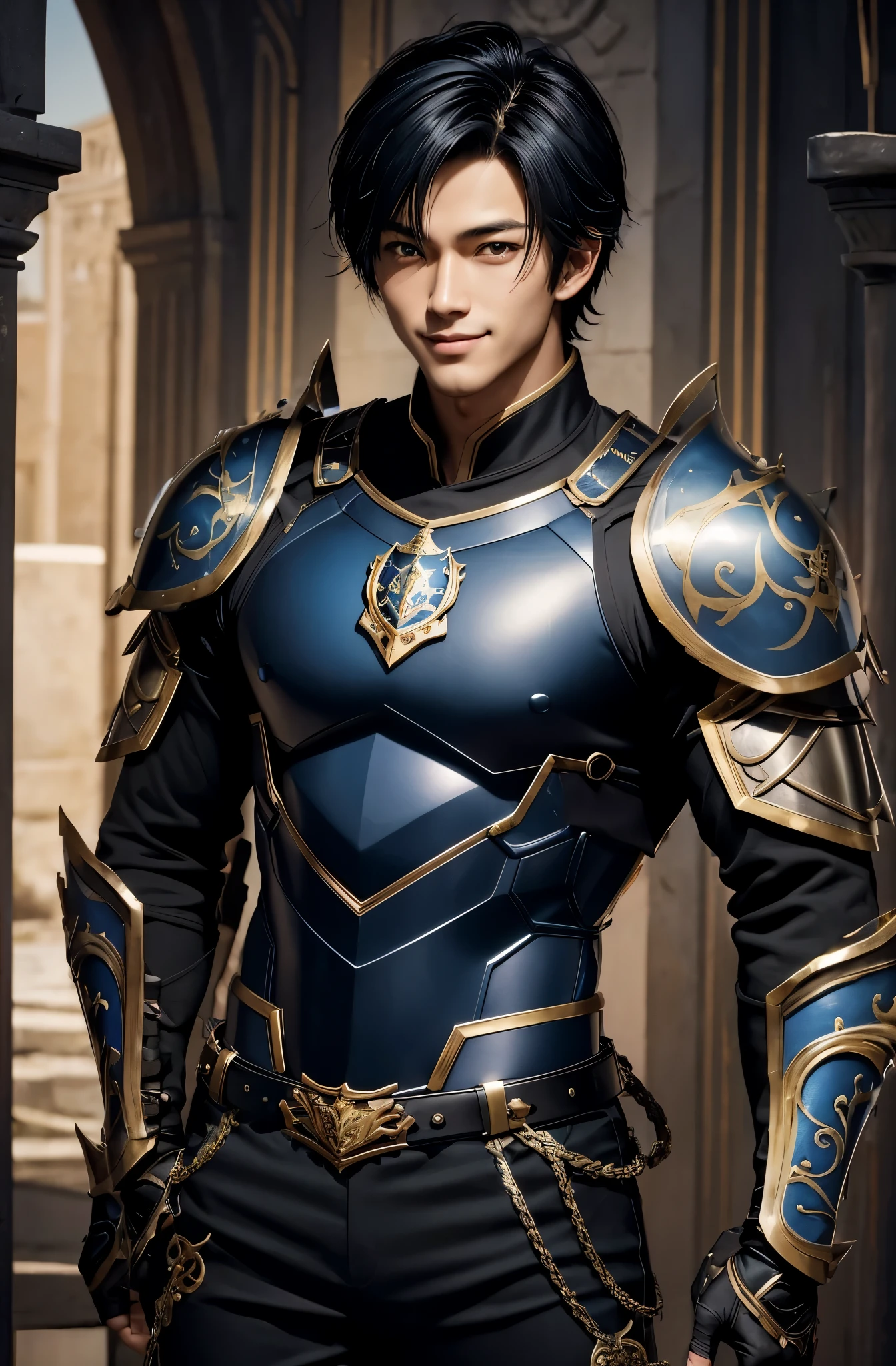 8K,black wolf hair boy,Japanese super handsome(like the real thing),wild boy,black and blue armor(Precise workmanship of the hero&#39;s emblem),luxury black and blue pants,blue and black shoulder armor,blue and black waist armor,blue and black leg armor,muscular slender body,ultra high resolution,super realistic skin,Handsome boy,18 year old boy,Big eyes,A boy who looks good with a smile,Magical power overflowing from the body,Luxury belts(Delicate workmanship),tanned skin,shout,battle scene,action scene,action pose,roar,Holds the long and large holy sword Excalibur.,The background is in front of the large castle gate.,