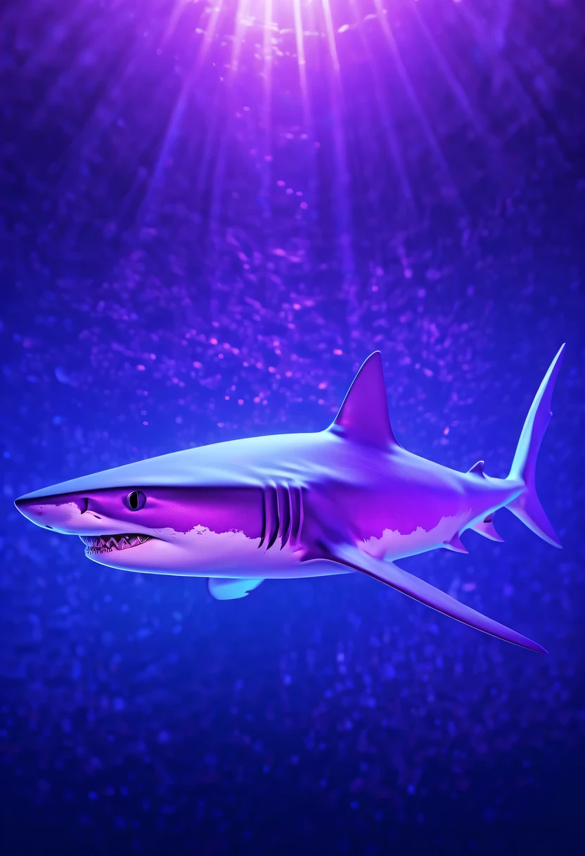 (Futuristic transparent ethereal shark:1.6),Golden Mechanical Skeleton Shark,mechanical joint shark,blue light control eye,(Purple light cosmic energy field surrounds shark:1.5),Digital neural network,Futuristic deep sea landscape,Shark virtual holographic digital avatar,Complex illustrations in surrealist art style,Surreal dreams,Future dream underwater landscape,coral reef,fish flocks,Diversity of marine life,