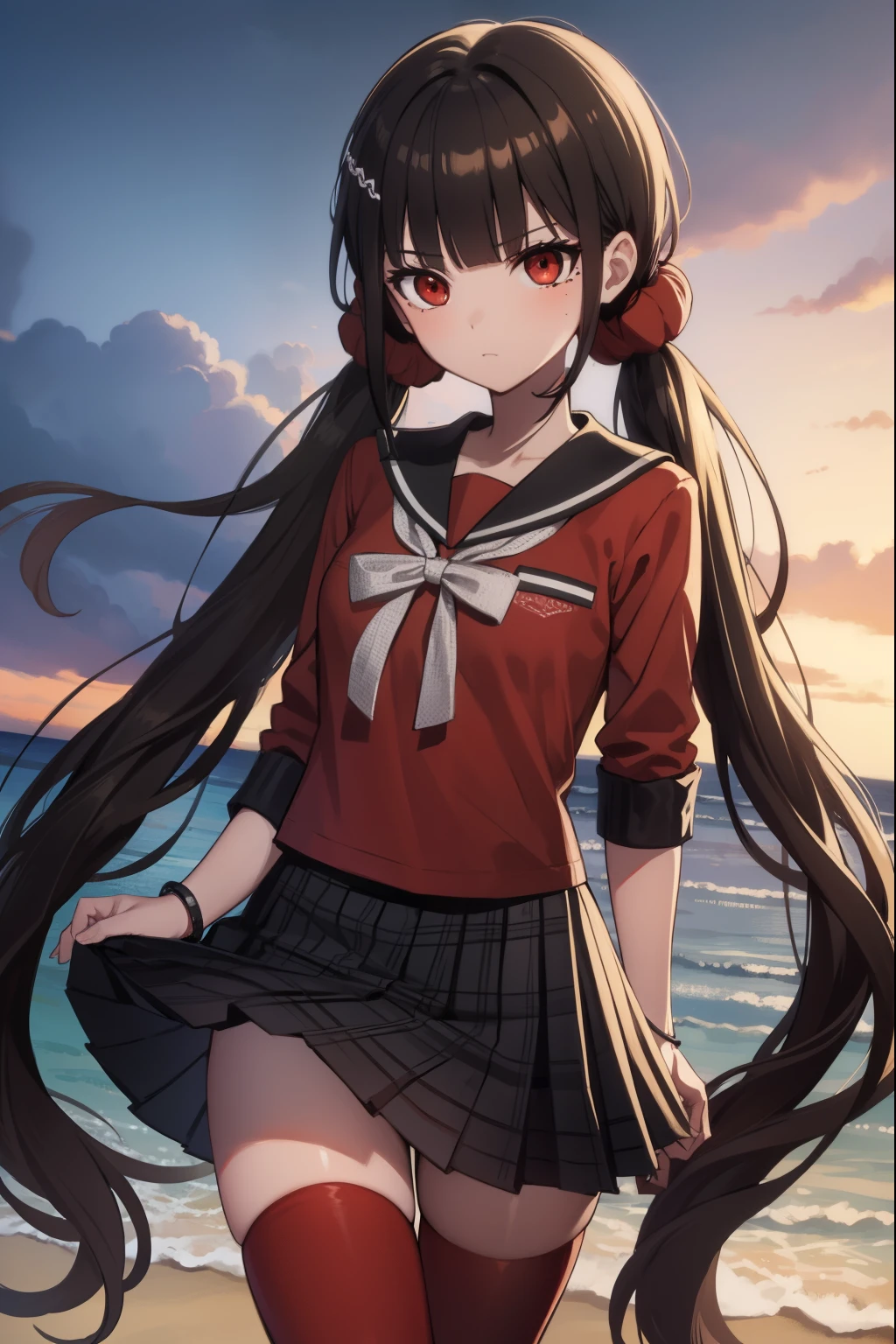 makiharukawa, harukawa maki, long hair, bangs, brown hair, black hair, hair ornament, (red eyes:1.5), twintails, very long hair, hairclip, blunt bangs, mole under eye, low twintails, scrunchie, hair scrunchie, red scrunchie, (small breast:1.2), BREAK skirt, shirt, thighhighs, long sleeves, bow, school uniform, pleated skirt, serafuku, miniskirt, black skirt, sailor collar, mole, bracelet, zettai ryouiki, plaid, plaid skirt, red shirt, black sailor collar, red thighhighs, BREAK looking at viewer, BREAK outside, beach, BREAK (masterpiece:1.2), best quality, high resolution, unity 8k wallpaper, (illustration:0.8), (beautiful detailed eyes:1.6), extremely detailed face, perfect lighting, extremely detailed CG, (perfect hands, perfect anatomy),