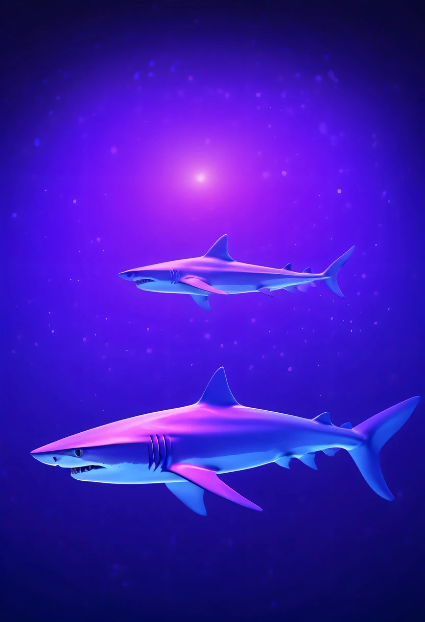 (Futuristic transparent ethereal shark:1.6),Golden Mechanical Skeleton Shark,mechanical joint shark,blue light control eye,(Purple light cosmic energy field surrounds shark:1.5),Digital neural network,Futuristic deep sea landscape,Shark virtual holographic digital avatar,Complex illustrations in surrealist art style,Surreal dreams,Future dream underwater landscape,coral reef,fish flocks,Diversity of marine life,