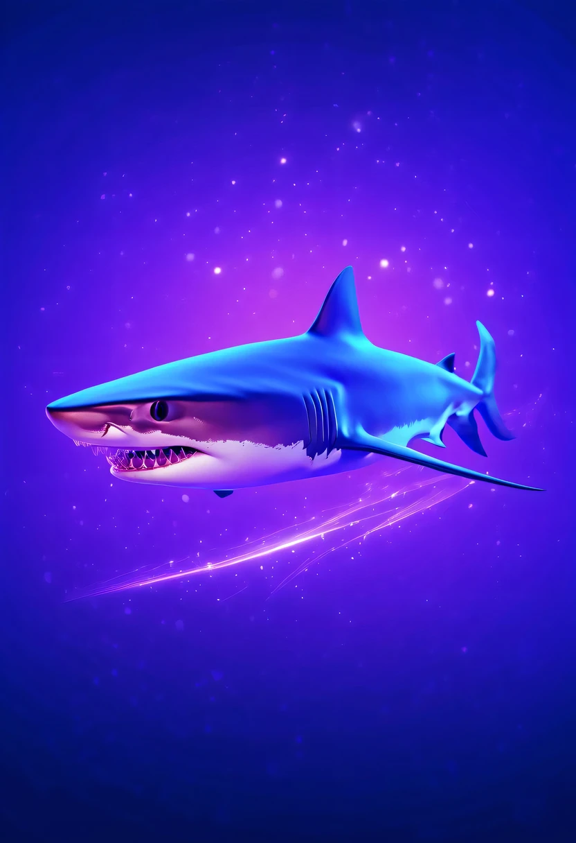 (Futuristic transparent ethereal shark:1.6),Golden Mechanical Skeleton Shark,mechanical joint shark,blue light control eye,(Purple light cosmic energy field surrounds shark:1.5),Digital neural network,Futuristic deep sea landscape,Shark virtual holographic digital avatar,Complex illustrations in surrealist art style,Surreal dreams,Future dream underwater landscape,coral reef,fish flocks,Diversity of marine life,