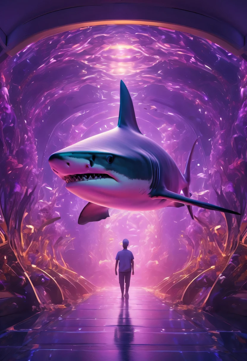 (Futuristic transparent ethereal shark:1.6)，Golden Mechanical Skeleton Shark，mechanical joint shark，blue light control eye，(Purple light cosmic energy field surrounds shark:1.5)，Digital neural network，Futuristic deep sea landscape，Shark virtual holographic digital avatar,Complex illustrations in surrealist art style，Surreal dreams，Future dream underwater landscape，coral reef，fish flocks，Diversity of marine life，