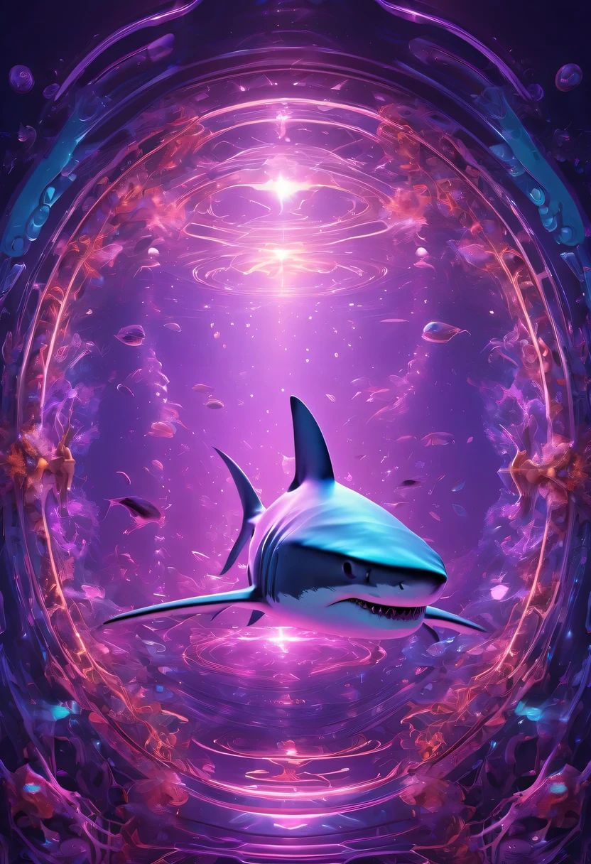 (Futuristic transparent ethereal shark:1.6)，Golden Mechanical Skeleton Shark，mechanical joint shark，blue light control eye，(Purple light cosmic energy field surrounds shark:1.5)，Digital neural network，Futuristic deep sea landscape，Shark virtual holographic digital avatar,Complex illustrations in surrealist art style，Surreal dreams，Future dream underwater landscape，coral reef，fish flocks，Diversity of marine life，