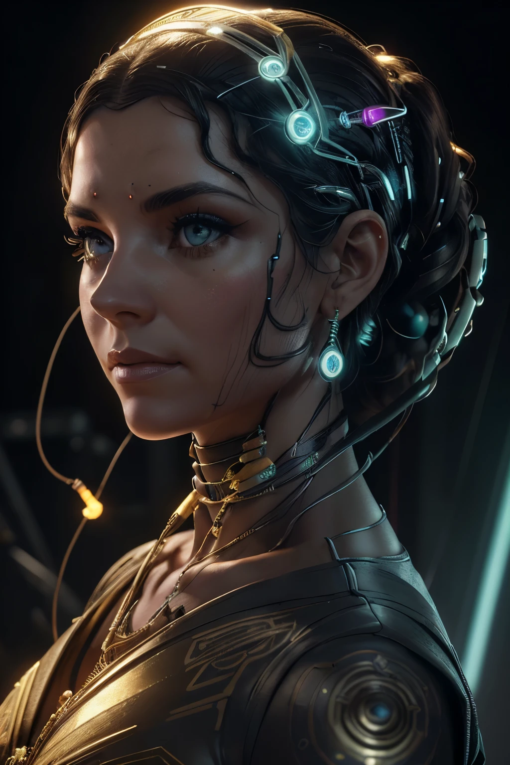 Alison Tyler (((detalhes ultra realistas)), retrato, global illumination, sombras, octano render, 8k, ultra sharp, metal, intrincado, ornamentos detalhados, cores frias, Egyptian detail, detalhes altamente intrincados, luz realista, trend in CGSociety, olhos brilhantes, front camera, detalhes neon, mechanical members, Blood Vessels Attached to Tubes, mechanical vertebra attaching to the back, mechanical cervial attaching to the neck, sentado, wires and cables connecting to the head 