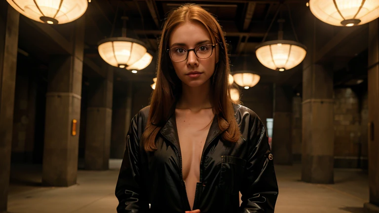 Cinematographer of a skinny nerdy lesbian Caucasian with glasses, ginger hair, long straight hair, girlish, wearing a boiler suit, hot girlish, gaze at the camera, face symmetrical, Cinematographer, Spectacular lighting, splendid, occidental, (Masterpiece), , High resolution, cinematic lighting, Recorded with professional DSLR camera