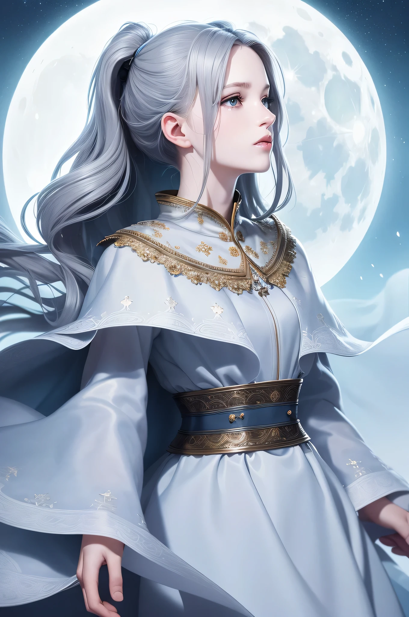 masterpiece, (best quality:1.2), (very detailed:1.2), illustration, (Very delicate and beautiful:1.2),cinematic angle,floating, (beautiful and delicate eyes:1.1), (detailed lighting:1.1),cinematic lighting, The sky with beautiful details, female, gray hair, blue eyes, (high ponytail:1.1), cloak, shining eyes, (moon:1.2), (moonlight:1.1), starry skies, (lighting particle:1.1), Fog, snow painting, sketch, flower