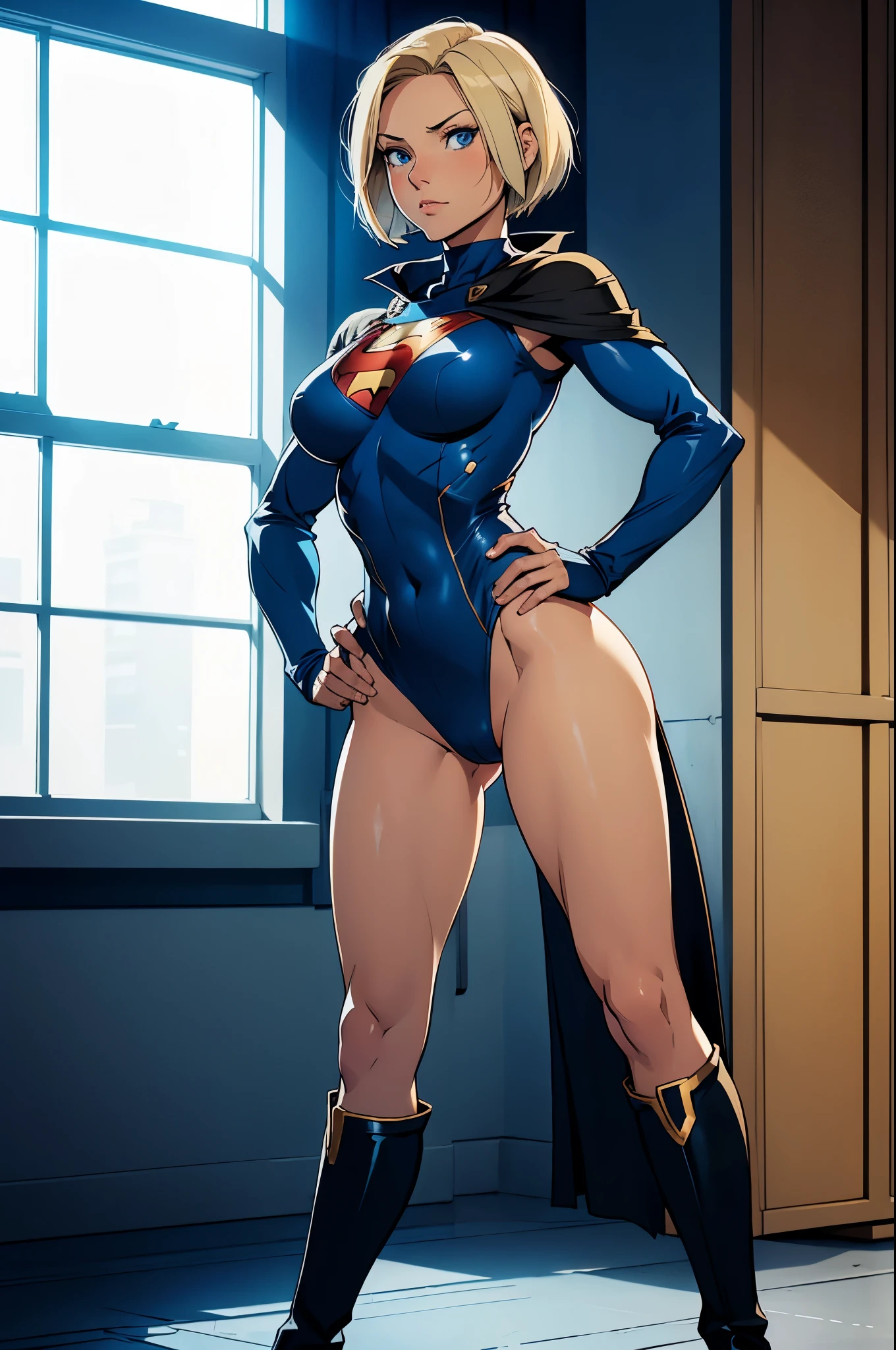 female, short bob blonde hair, blue eyes, leotard, bare legs, boots, medium boobs, hands on hip, no cape, no skirt, superhero, in front of a window