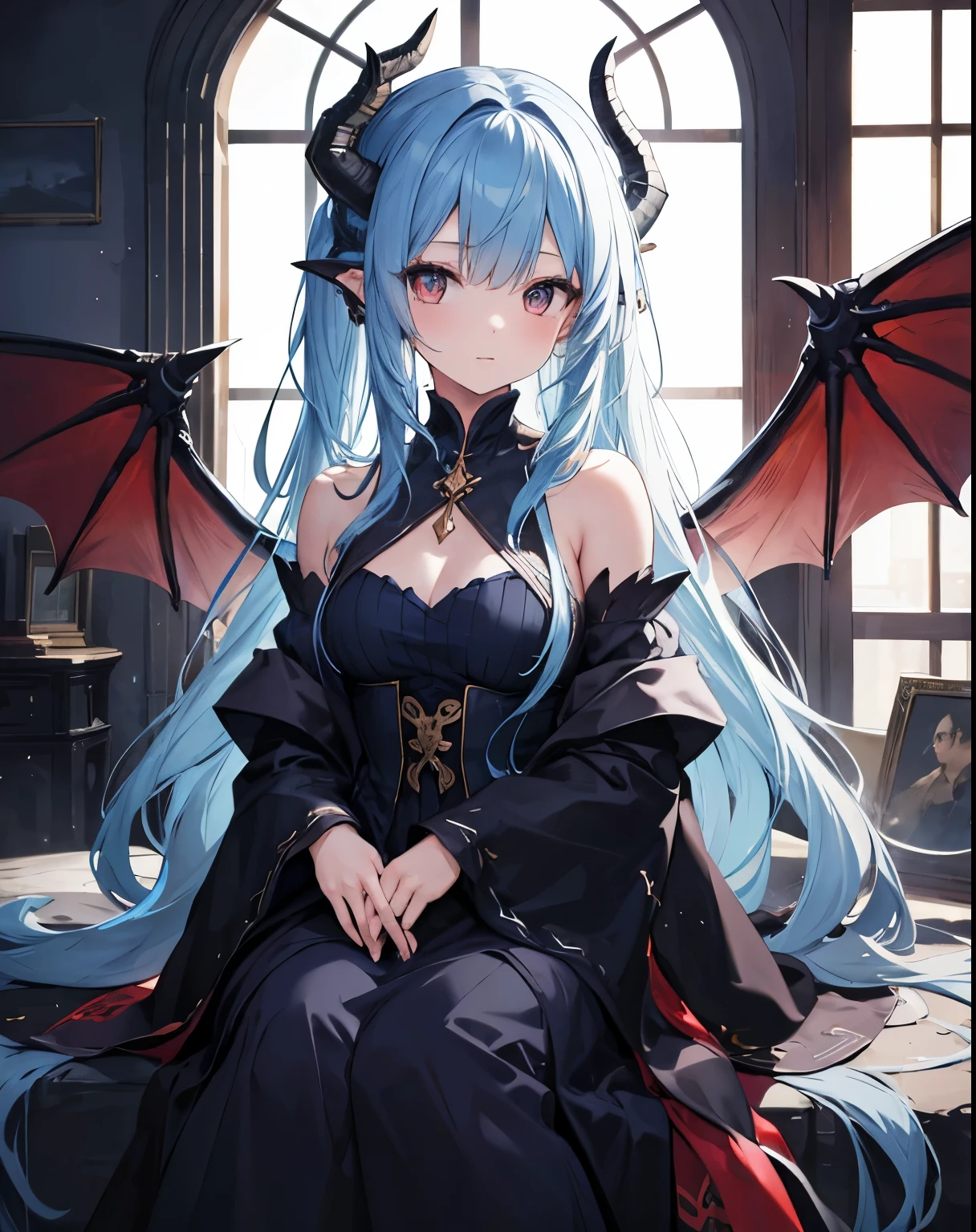masterpiece,1 girl,alone,long hair,blue hair,dress,Off the shoulders:1.2, dragon horn,Dragon Wings
