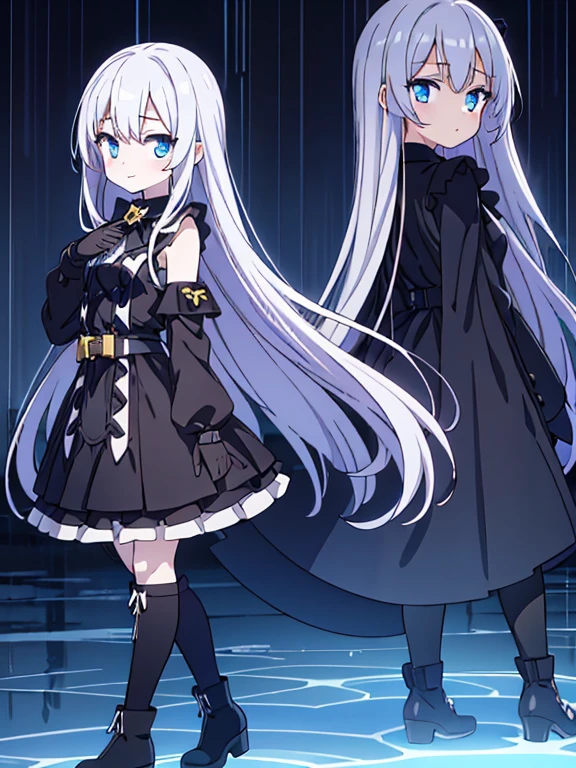best quality,megami magazine,[[[[[[[[extra limbs]]]]]]]],[[[[extra digit]]]],[[[[fewer digit]]]],full body,face focus,eye focus,multiple views,(1girl),blush,pale skin,petite,blue eyes,small breasts,(woman),wariza,magic hour,rain,silver hair,((long hair)),((straight hair)),bare shoulders,gothic sundress,((black trench coat)),frilled skirt,black platform boots,elbow gloves,light smile