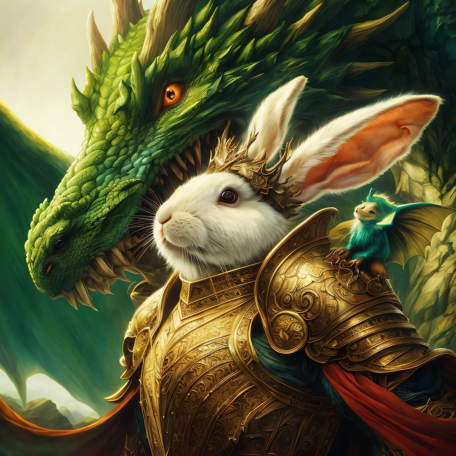 there is a rabbit dressed in armor with a dragon on its back, Fantasia com detalhe 4K, coelho guerreiro, Arte de fantasia 4k, cavalo Michael (motor irreal, wojtek fus, arte de fantasia peluda, wow Fantasia com detalhe 4K, realistic fantasy illustration, Arte de fantasia 8k, epic fantasy art style hd, arte de fantasia realista, por Kerembeyit, Riding the dragon