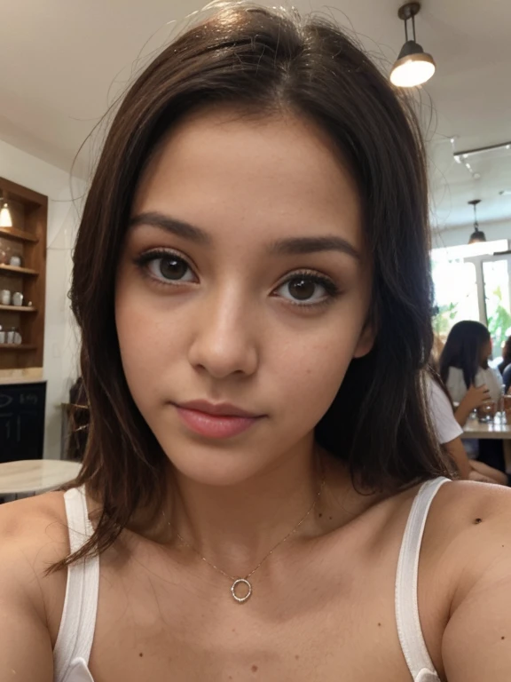 Foto de uma mulher morena de 20 anos, que tem um rosto muito natural, labios finos, olhos finos, sobrancelhas finas, nariz fino, brincos, long eyelashes. She takes a cute selfie in a cafe