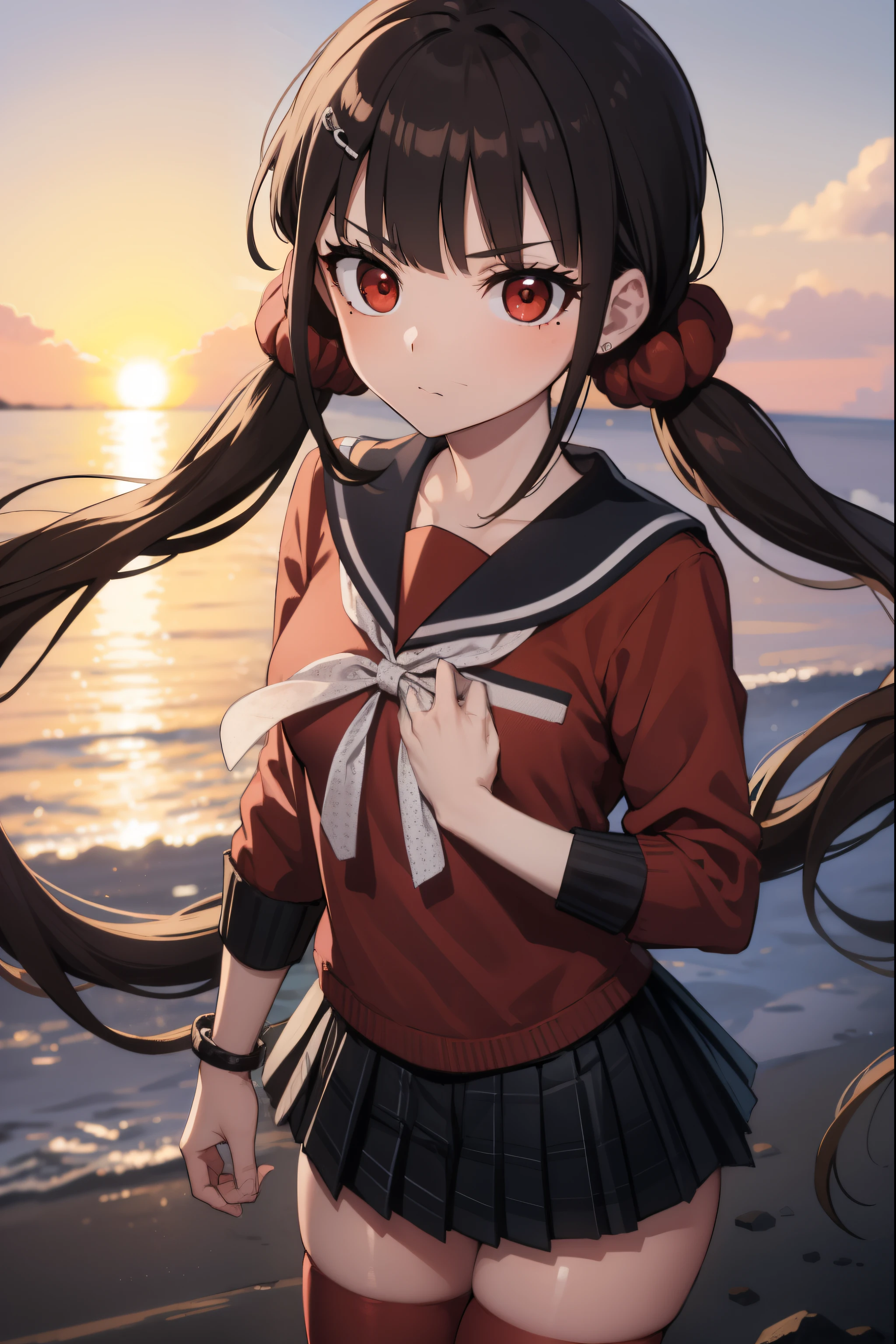 makiharukawa, harukawa maki, long hair, bangs, brown hair, black hair, hair ornament, (red eyes:1.5), twintails, very long hair, hairclip, blunt bangs, mole under eye, low twintails, scrunchie, hair scrunchie, red scrunchie, (small breast:1.2), BREAK skirt, shirt, thighhighs, long sleeves, bow, school uniform, pleated skirt, serafuku, miniskirt, black skirt, sailor collar, mole, bracelet, zettai ryouiki, plaid, plaid skirt, red shirt, black sailor collar, red thighhighs, BREAK looking at viewer, BREAK outside, beach, BREAK (masterpiece:1.2), best quality, high resolution, unity 8k wallpaper, (illustration:0.8), (beautiful detailed eyes:1.6), extremely detailed face, perfect lighting, extremely detailed CG, (perfect hands, perfect anatomy),