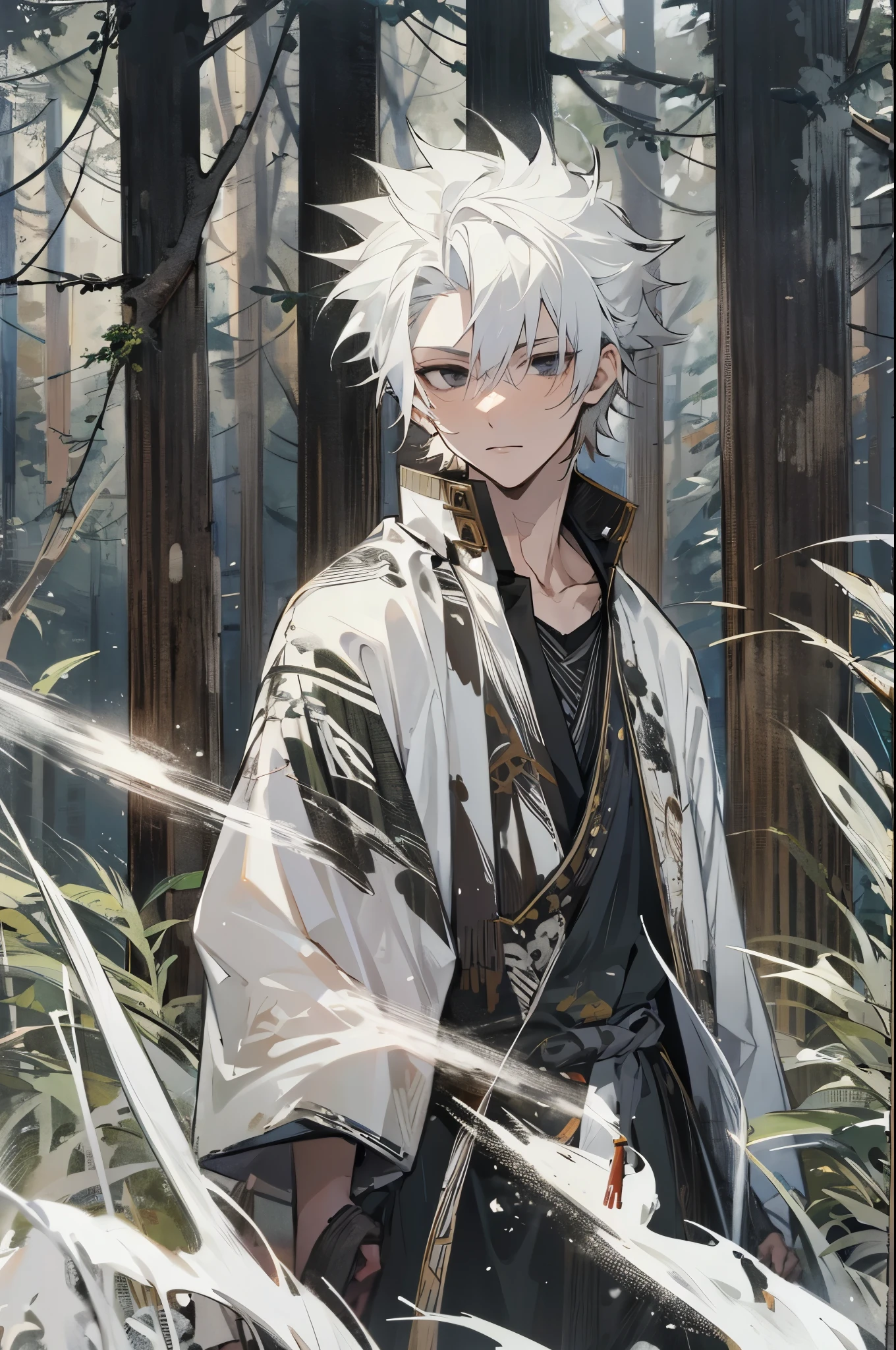 teen male, white hair, messy spikey hair, white haori over shirt, forest background, black eyes