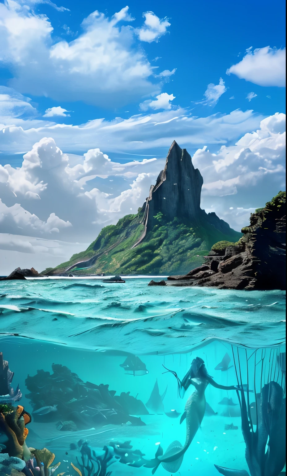 we see an island in the background with rocks coming out of the sea water, we see in the same image, below the island there is a maritime civilization, with mermaids, mermen, sea elves, fish, reefs, there is life below this island.