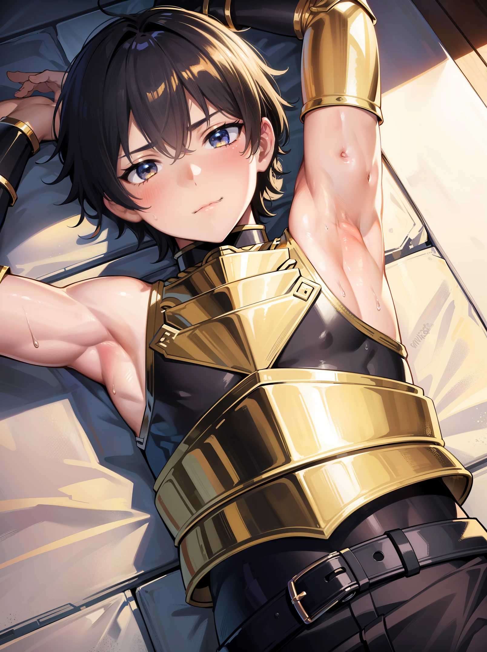 Highres, Masterpiece, Best quality at best,Best Quality,hight quality, hight detailed, 1boy, Shota, Gold armor, sleeveless armor, Body only, (young boy), 12-year-old boys, (Showing armpit:1.3), hansome, Sweat