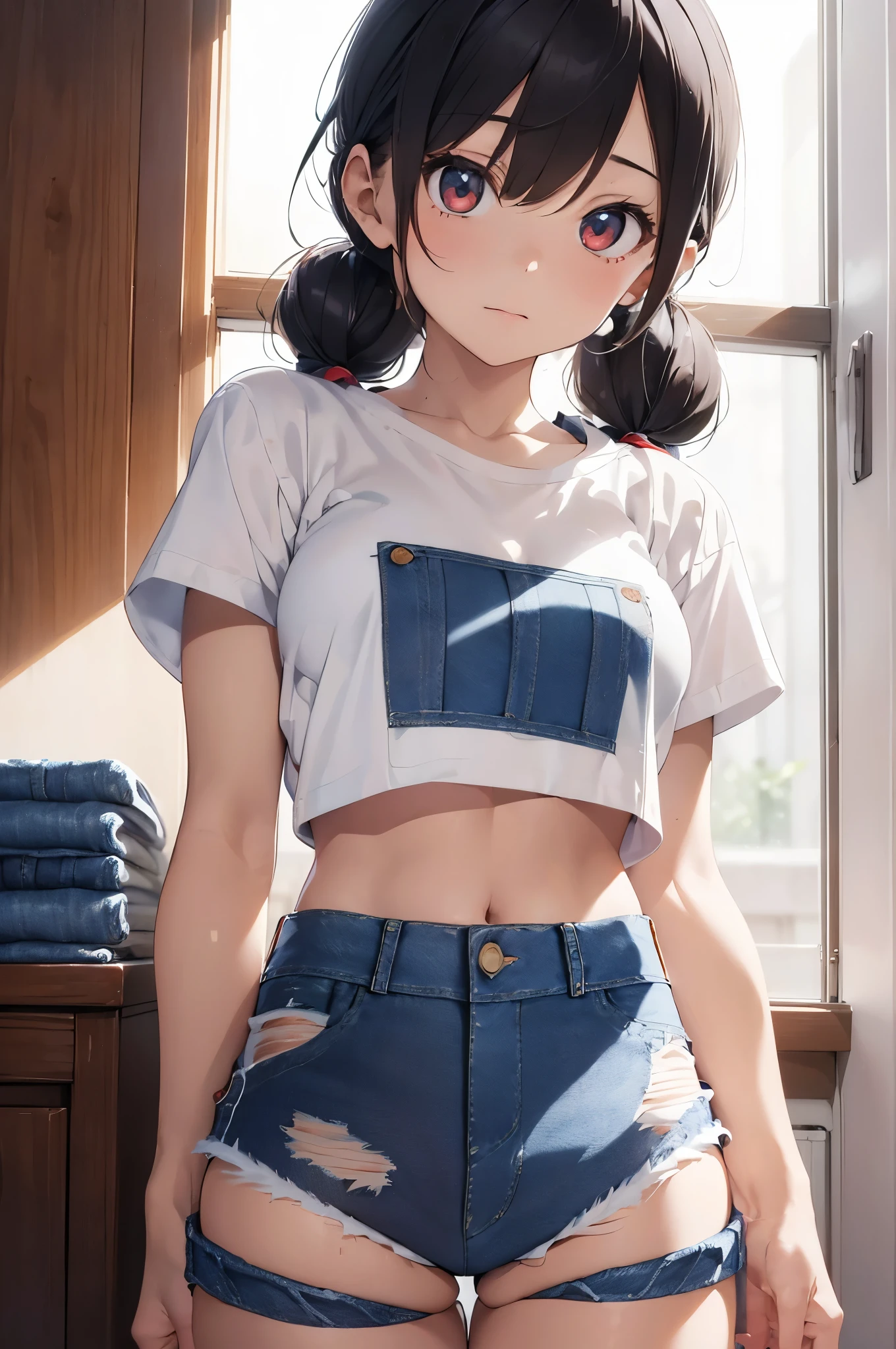 (masterpiece Best Quality, absurderes, Perfect Anatomy, Unity 8k Wallpapers,best anime), Detailed beautiful face and eyes,(1woman,solo),16 year old beautiful girl、Japanese、(black hair,low twintails:1.3),red eyes,shy look,(((white cropped t-shirt:1.5、denim shorts:1.5)))、((smaller head:1.5,skinny,slender body:1.2,medium breasts))、Bedroom、