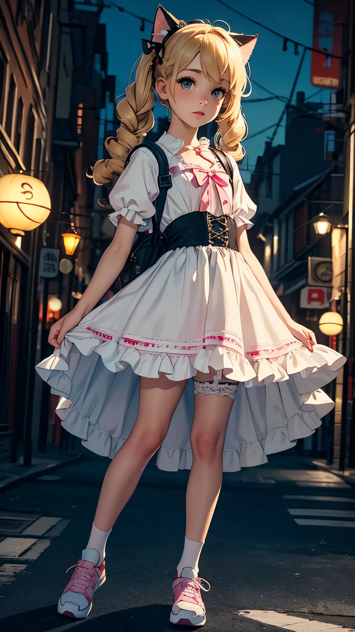 superbly fine details, 8k photos, Surrealism, Professional lighting, realistic background, visual depth, background bokeh, Wide-angle lens, whole body, (13 years old, Lovely, Change, flat chest, cat ears), 1 girl, Colored eyes, blonde hair, (Lolita Fashion: 1.5), (lace, frilly shirt, White petticoat, sports shoes), (stuffed toys), pink Lovely backpack, street, Fashion
