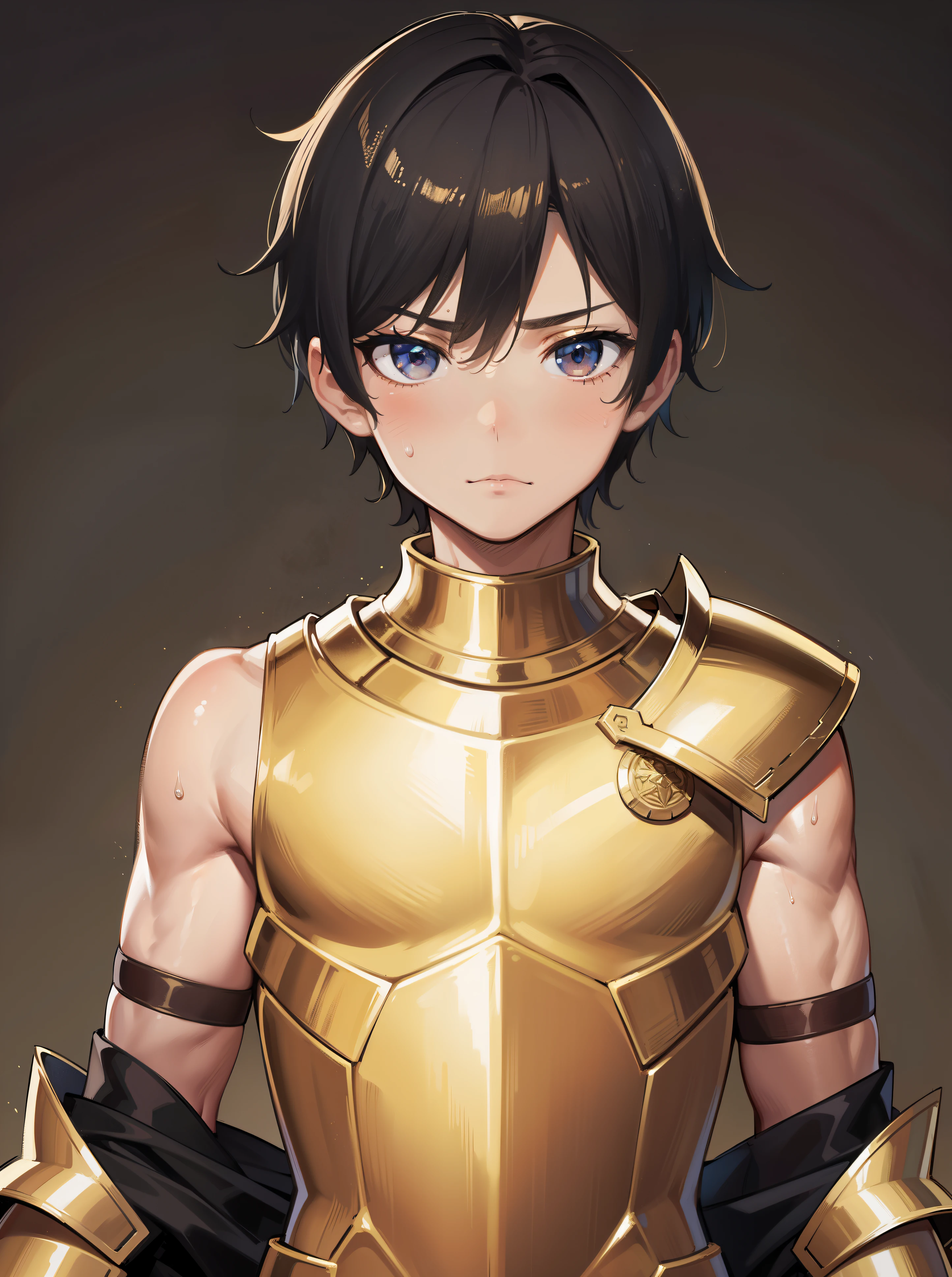 Highres, Masterpiece, Best quality at best,Best Quality,hight quality, hight detailed, 1boy, Shota, Gold armor, sleeveless armor, Body only, ( boy), 12-ye-olys, B shoulder, hansome, Sweat