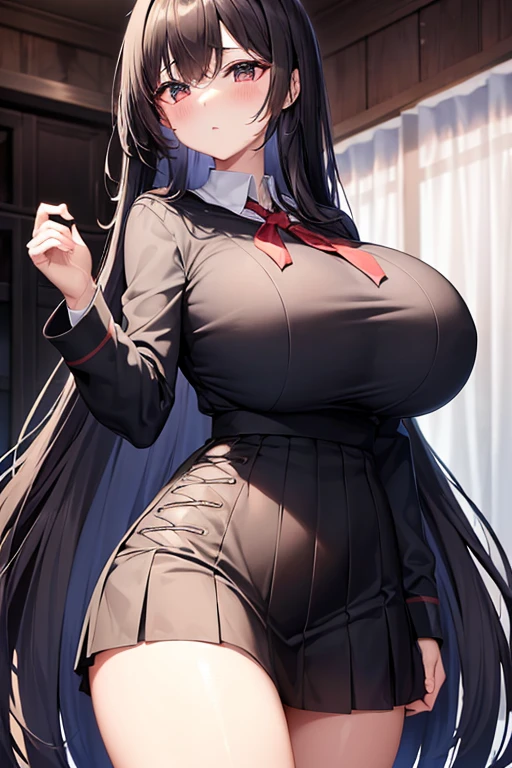 {{{bangs over eyes、mekakure}}}、{{thin waist}}、{{{huge breasts、huge breasts}}}、{{Very Longhair、black hair、white skin、black school uniform / black serafuku、long sleeve、long skirt、red cheeks、dark atmosphere、tall}}、{{{tall}}}、{{Strange expressions}}