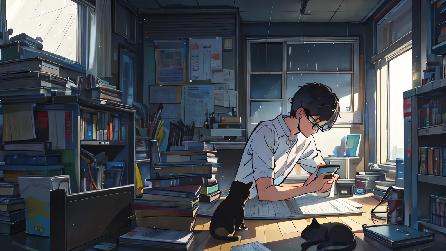 nerdy boy reading a book with his headphones down with a messy room and a black cat in the window watching the rain fall