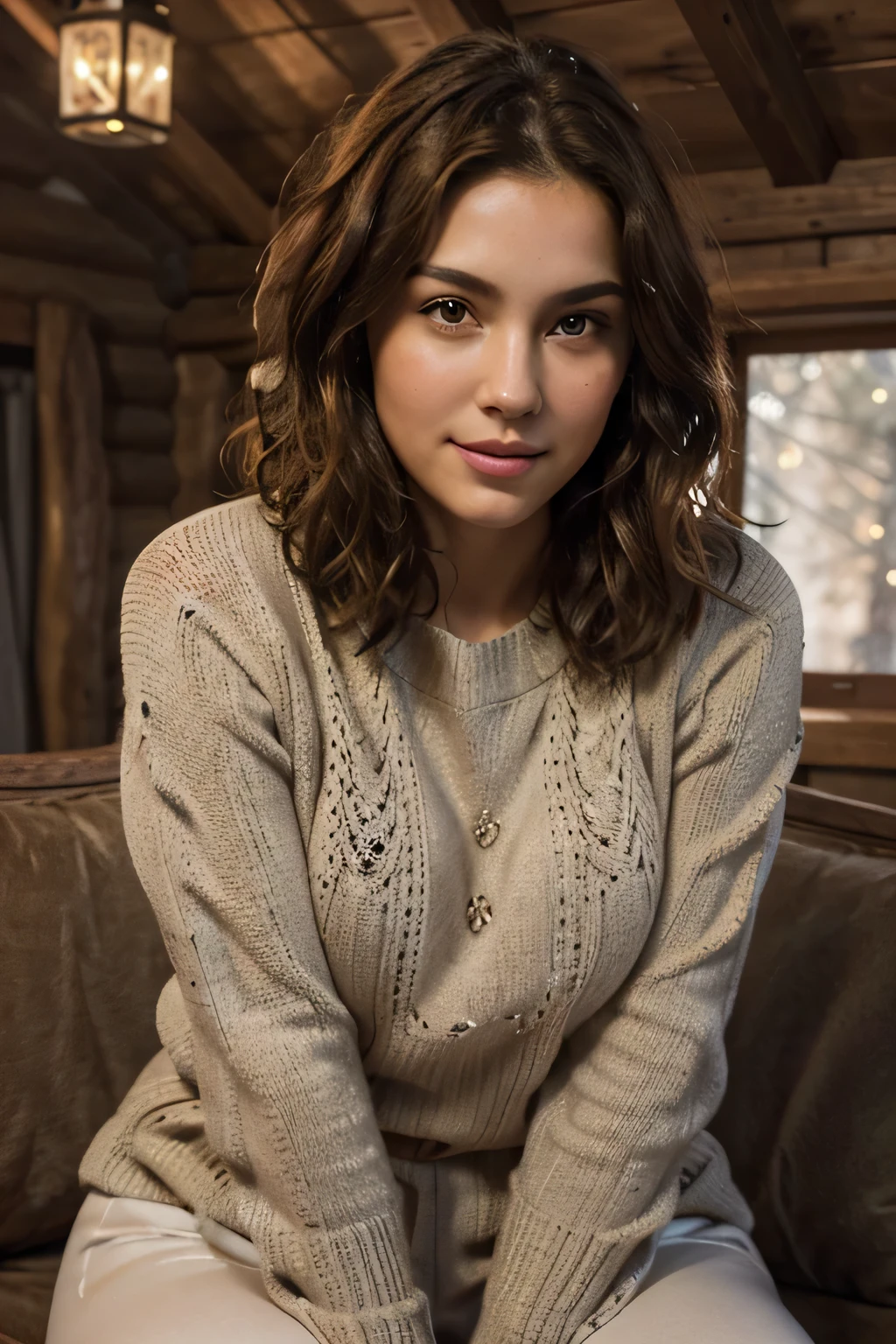 Breathtaking cinematic photo of a 25 year old girl with brown hair and brown eyes, happy, cheerful expression, closed mouth, beautiful lips, intricate details, shallow depth of field, highly detailed, high budget, epic Hollywood film, gorgeous, masterpiece, award-winning, professional, highly detailed, detailed skin texture, (blush: 0.5), (goosebumps: 0.5). (the most beautiful woman in the world) (brown hair) (short curly hair, wild hair, stylish cut) thin face, thin nose, beautiful, very beautiful, perfect face, slender body (slender), (brown hair) (brown eyes ) (white skin) Beautiful body, western face, predatory eyes, pink lips, thick thighs. full body, western beauty, thin nose, beautiful, perfect, ((best quality)), ((ultra resolution)), ((photorealistic: 1.4)), (intricate details), perfect face, makeup: 1.5 , clear face, facial details. The travel model is captured in a cozy moment outside a traditional Finnish cabin in Lapland. She's wearing a stylish yet warm oversized sweater and thermal leggings, sitting on a fur-lined bench with a steaming mug of hot cocoa in her hands. Her hair is loosely braided, and she's smiling at the camera. The cabin is illuminated with warm lights, and snowflakes gently fall in the background. The scene conveys a sense of warmth and comfort amidst the winter landscape