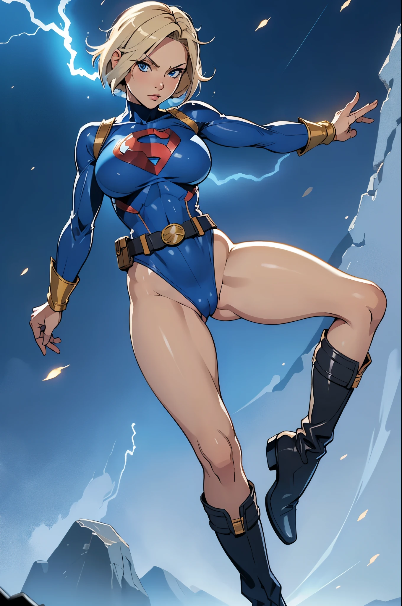 female, short bob blonde hair, blue eyes, leotard, bare legs, boots, medium boobs, tight belt, superhero, spinning like a tornado, tornado spin