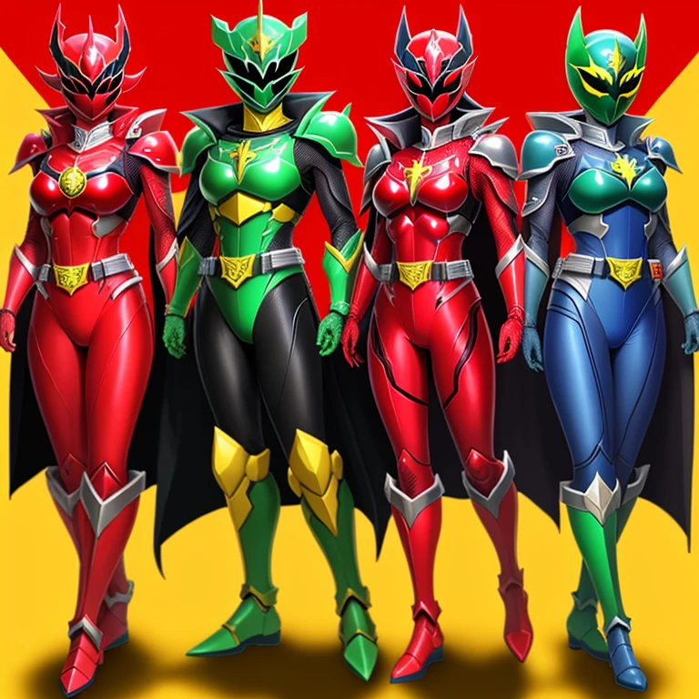 Knight motif、super sentai、5 women、Transformation suit with knight armor motif、cross motif mask、red transformation suit、red mask、blue transformation suit、red mask、yellow transformation suit、yellow mask、green transformation suit、green mask