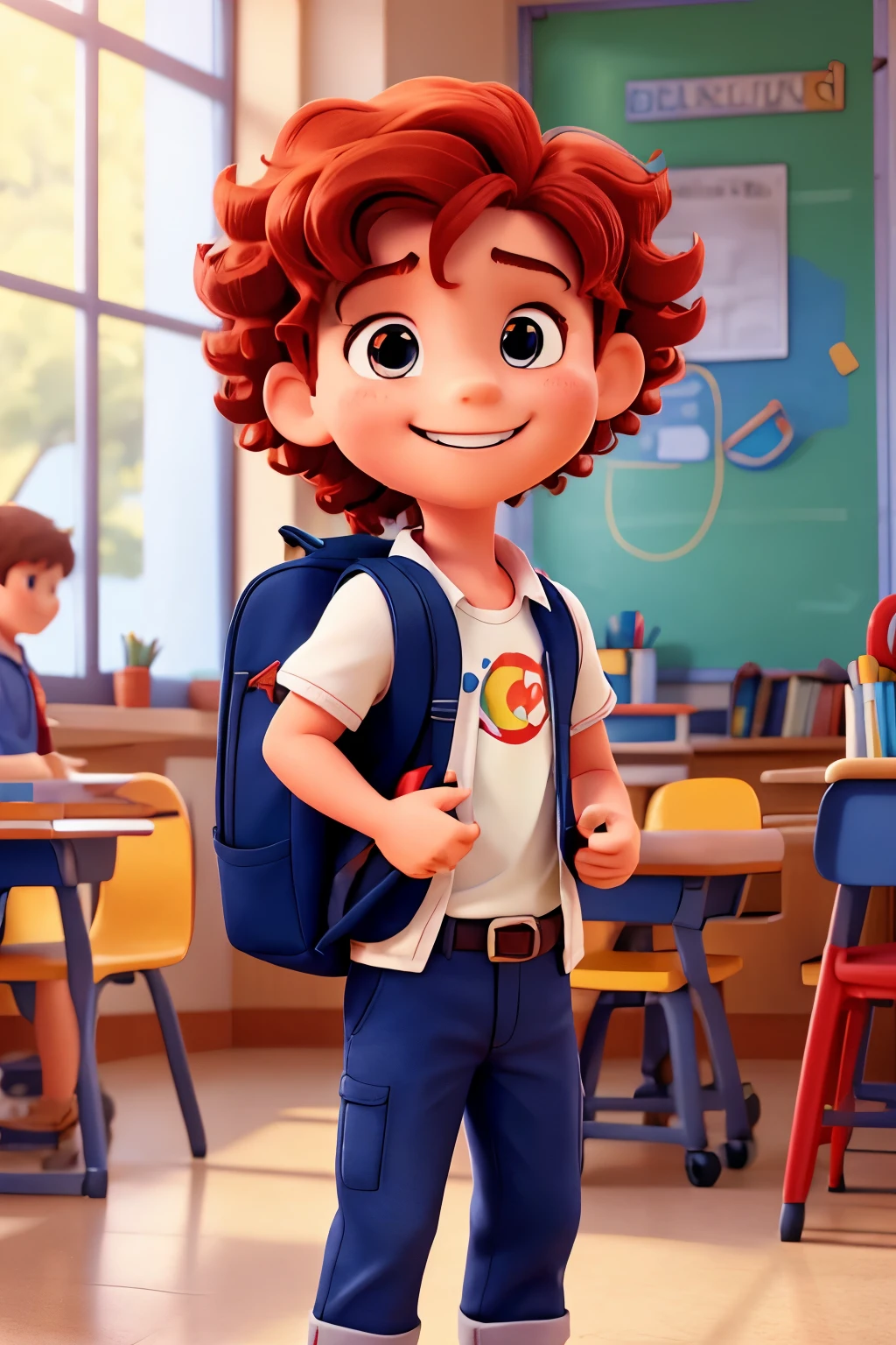 The image showcases a cheerful young boy with bright red hair and short curls. With a broad smile on his face, he extends his arms forward. In his hands, he carries a backpack filled with school supplies, such as textbooks and a pencil case. His attire consists of a crisp white t-shirt and blue trousers, adding to his excited demeanor. This illustration is an advertisement for a children's school, highlighting the joy and enthusiasm that comes with starting the new academic year.