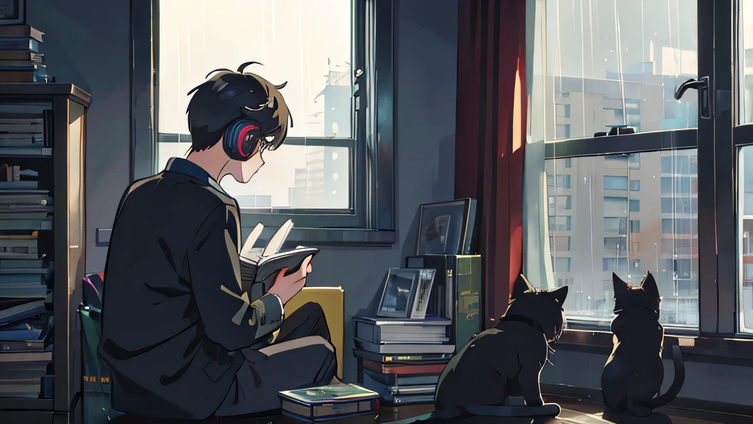 garoto nerd lendo um livro de costas, usando fones de ouvido, with a messy room and a black cat in the window watching the rain fall