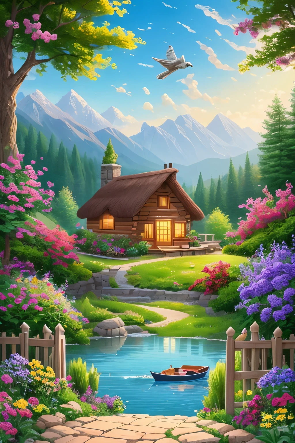 painting of a cottage, flowers beside of fence, fence along the road, mountain landscape with a lake and a boat, birds flying in the blue sky, illustration matte painting, inspired by Thomas Kinkade, symmetric matte painting, detailed scenery , style raw, 8 k ultra detailed