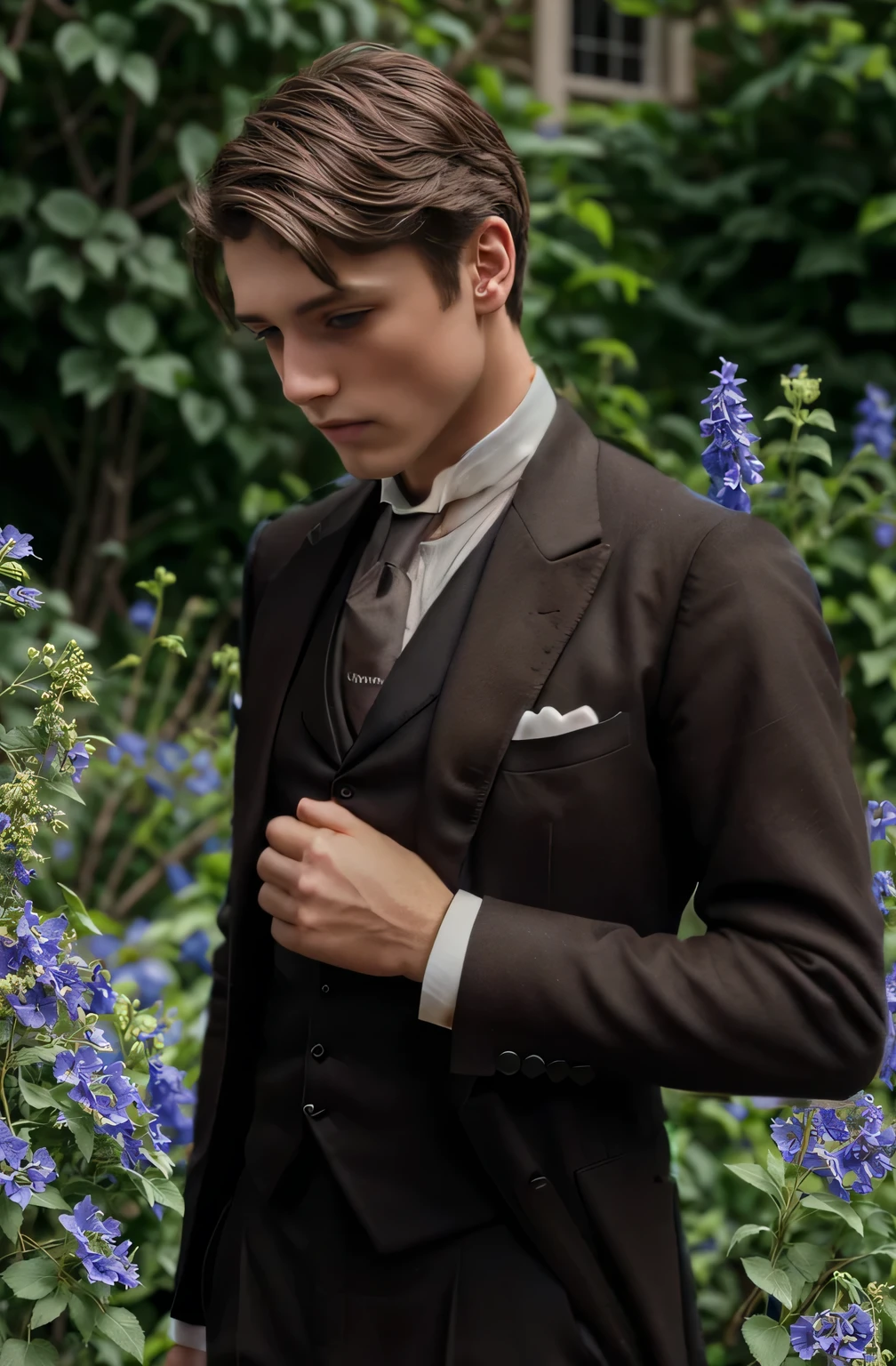 high white Victorian collar, dark Victorian tie, 19th Century Brown Wool Gentleman'suit made from quality suiting fabric in the Victorian style from 1886..