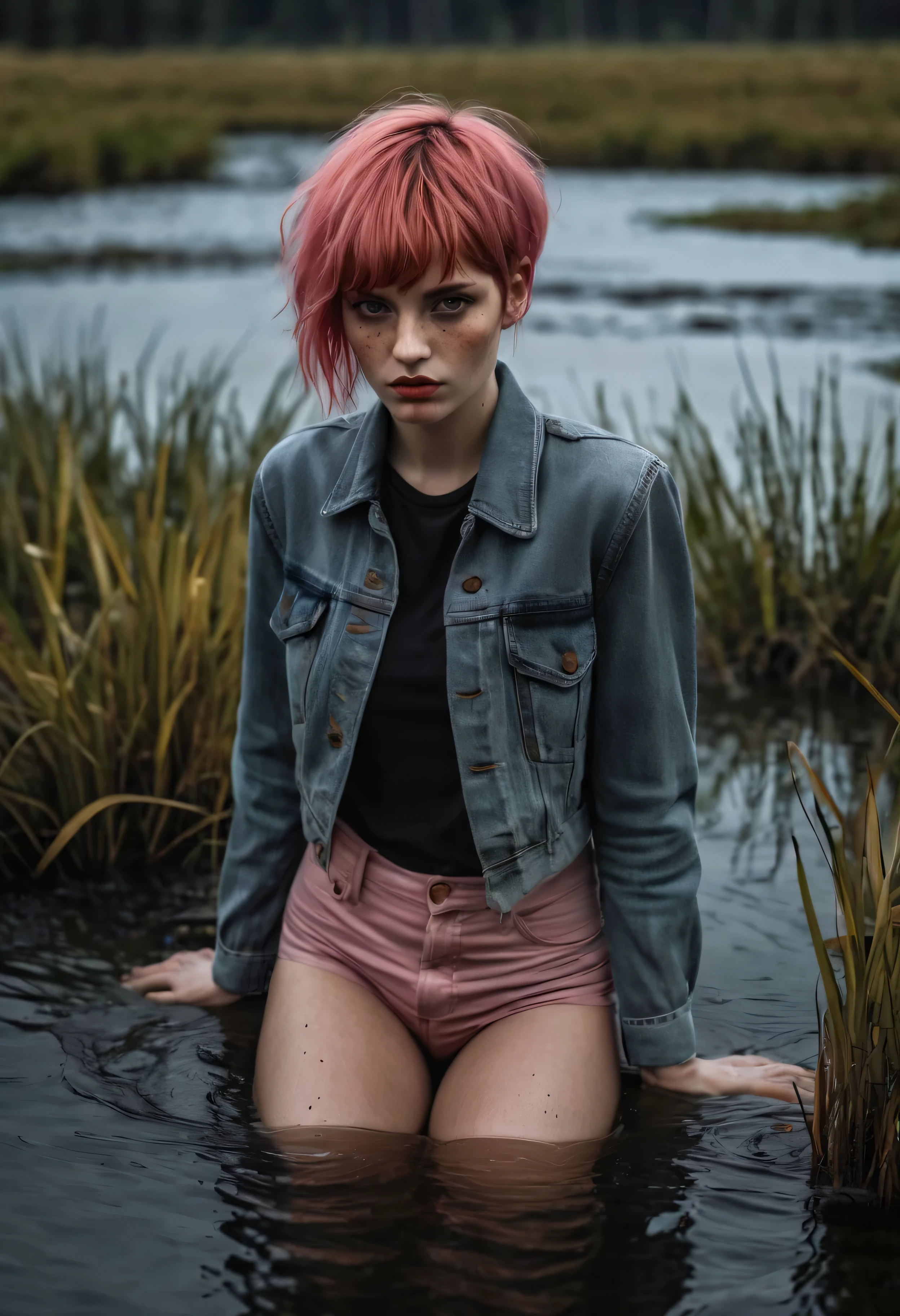 (Best Quality,hight resolution,Masterpiece, Overhead view:1.20),Ultra-detailed,The woman,Wide flares on jeans,sickly,drowning in a swamp,standingn:1.2, overcomes shame:1.3,gloomy ecstasy,dark gloomy atmosphere,gritty texture,melancholic expression on his face,mysterious aura,foggy background,Subtle color palette,provocative pose,Strong emotions,Coming Out of the Depths of Despair,Piercing gaze,intense shadows,Plunged in Darkness,Rugged terrain,ominous vibe,A supernatural sensation,asymmetrical bangs, freckles, pink short hair, Bangs, freckles, gray eyes,