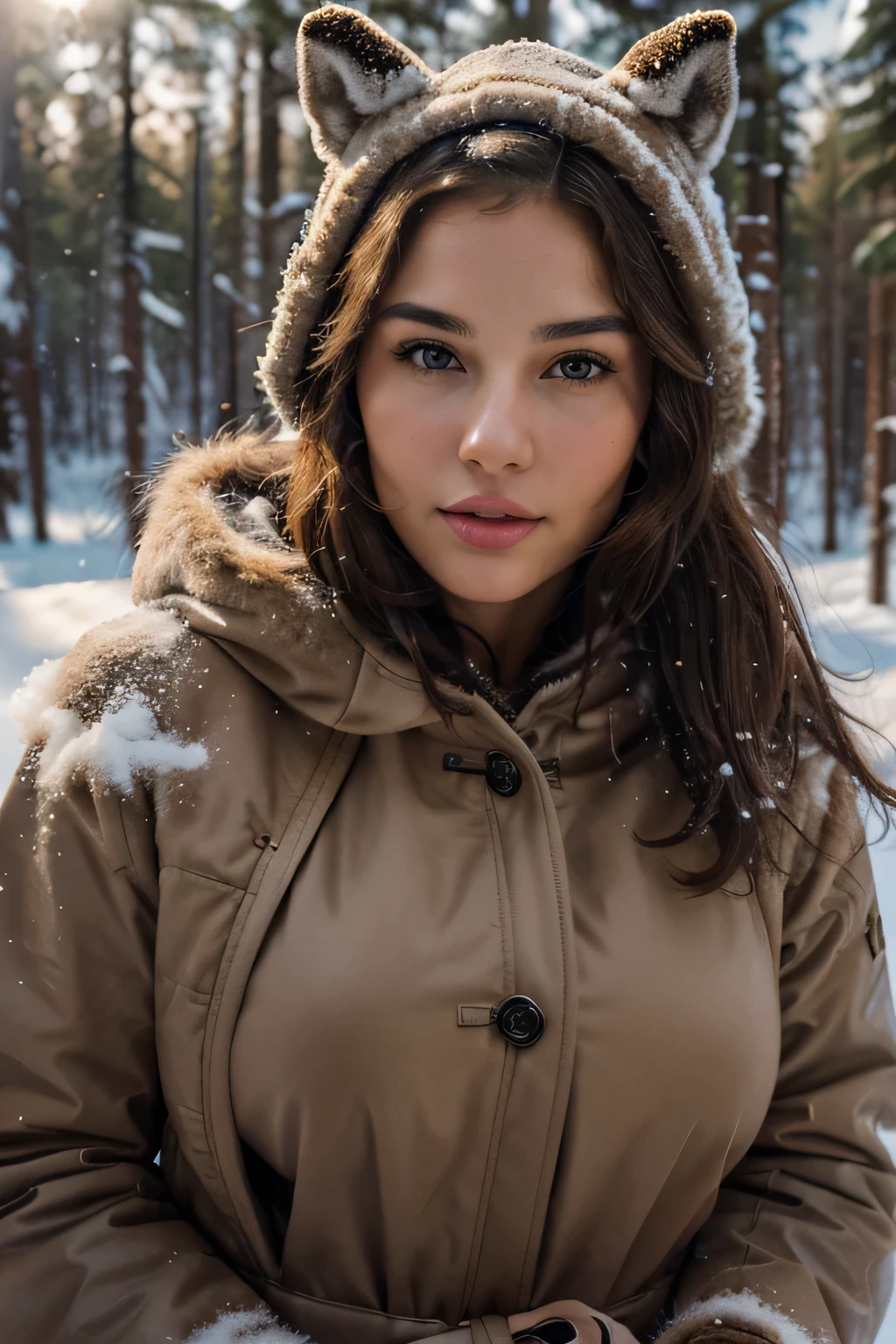 Breathtaking cinematic photo of a 25 year old girl with brown hair and brown eyes, happy, cheerful expression, closed mouth, beautiful lips, intricate details, shallow depth of field, highly detailed, high budget, epic Hollywood film, gorgeous, masterpiece, award-winning, professional, highly detailed, detailed skin texture, (blush: 0.5), (goosebumps: 0.5). (the most beautiful woman in the world) (brown hair) (short curly hair, wild hair, stylish cut) thin face, thin nose, beautiful, very beautiful, perfect face, slender body (slender), (brown hair) (brown eyes ) (white skin) Beautiful body, western face, predatory eyes, pink lips, thick thighs. full body, western beauty, thin nose, beautiful, perfect, ((best quality)), ((ultra resolution)), ((photorealistic: 1.4)), (intricate details), perfect face, makeup: 1.5 , clear face, facial details. In this adventurous scene, the travel model is on a reindeer safari in the snowy Lapland wilderness. She's dressed in a heavy winter coat with a fur hood, snow pants, and thermal gloves, ready for the Arctic conditions. She's petting a friendly reindeer, her face lit up with excitement and wonder. The background features a snowy forest and a traditional Lappish sleigh, offering a glimpse into the unique experiences of Lapland.