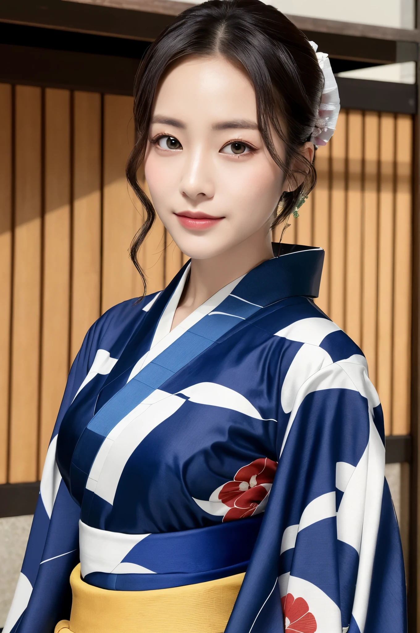 ((Best Quality, 8K, Masterpiece: 1.3)), Sharp Focus: 1.2, (Super Beautiful Face: 1.0), (Slender Abs Beauty: 1.0), (Shiny Skin: 1.0), Realistic Photography, Black Hair, Realistic Pupils, Video Lighting, High Definition Eyes and Face, Video Lighting, (Cowboy Shot: 1.3), (Kimono, Hakama, Obi: 1.4), (Korean Cute Actress), Traditional Kimono, Happiness, In Nature, Look at the audience, from the front, big