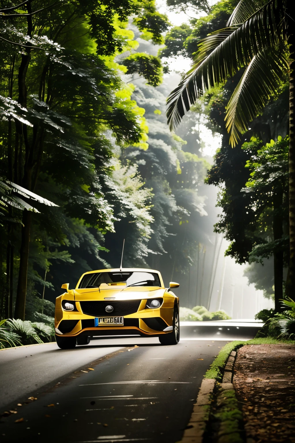 A dominus rocket league car, coated in a golden hue, weaves its way through the dense jungle. The rich golden color of the car stands out in stark contrast against the lush green foliage, highlighting its sleek design and intricate details. Sunlight filters through the canopy above, casting dappled shadows on the terrain, and the car's metallic surface reflects the light in long, shimmering stripes. The jungle setting adds an element of adventure and excitement to the scene, as if the golden car is on a daring exploration through uncharted territory. The overall atmosphere is one of adventure, wonder, and the thrill of the unknown.