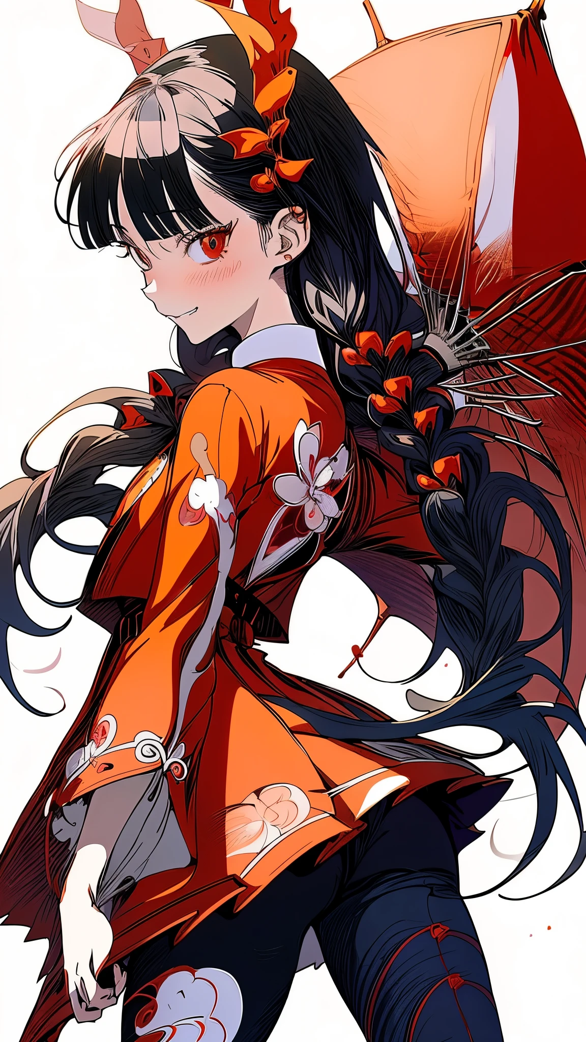 (2D anime style), a girl wearing red blazer and black leggins happily walking by shibuya, vibrant colors, soft pastels, beautiful 2D illustration by MSchiffer, intricately detailed, focus on face, detailed face, sharp image, (darling in the franx merged with rozen maiden), (((cel-shaded))), ((cel shading)), ink contours, purple and orange