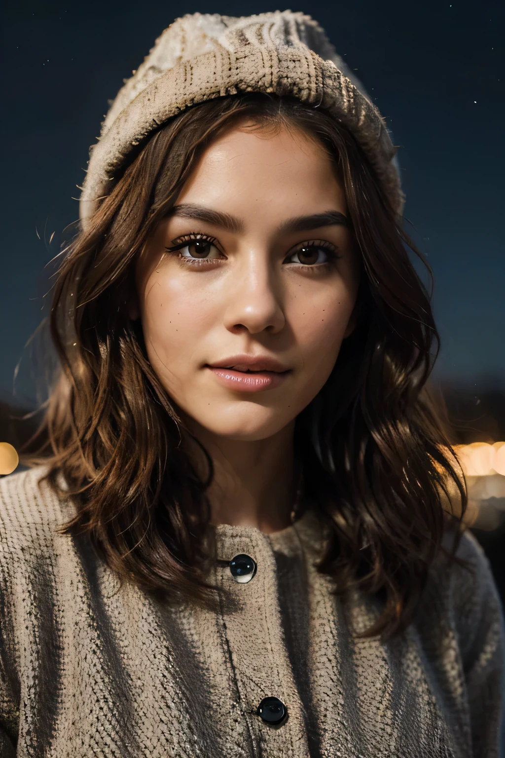 Breathtaking cinematic photo of a 25 year old girl with brown hair and brown eyes, happy, cheerful expression, closed mouth, beautiful lips, intricate details, shallow depth of field, highly detailed, high budget, epic Hollywood film, gorgeous, masterpiece, award-winning, professional, highly detailed, detailed skin texture, (blush: 0.5), (goosebumps: 0.5). (the most beautiful woman in the world) (brown hair) (short curly hair, wild hair, stylish cut) thin face, thin nose, beautiful, very beautiful, perfect face, slender body (slender), (brown hair) (brown eyes ) (white skin) Beautiful body, western face, predatory eyes, pink lips, thick thighs. full body, western beauty, thin nose, beautiful, perfect, ((best quality)), ((ultra resolution)), ((photorealistic: 1.4)), (intricate details), perfect face, makeup: 1.5 , clear face, facial details. The travel model is shown in awe, looking up at the mesmerizing Northern Lights in the Lapland night sky. She's dressed in a high-quality thermal jacket and snow trousers, suitable for night-time temperatures. Her hair is styled under a warm hat, and she holds a professional camera on a tripod, capturing the aurora borealis. The background is a clear, starry sky with vibrant colors of the aurora, emphasizing the natural beauty of this unique phenomenon.